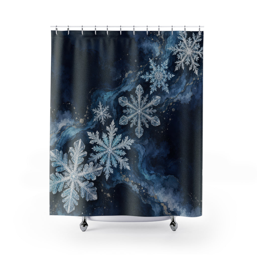 Midnight blue snowflake cascade shower curtain with full front view