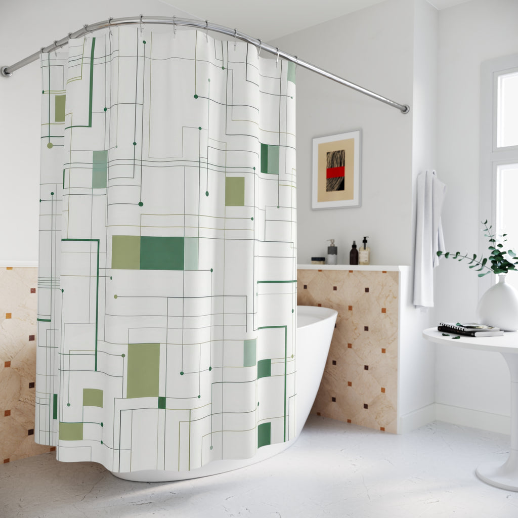 Modern Shower Curtain, Green White Grid Bath Decor, Abstract Line Pattern, Minimal Guest Bathroom Decor, Sage Geometric Style Decor