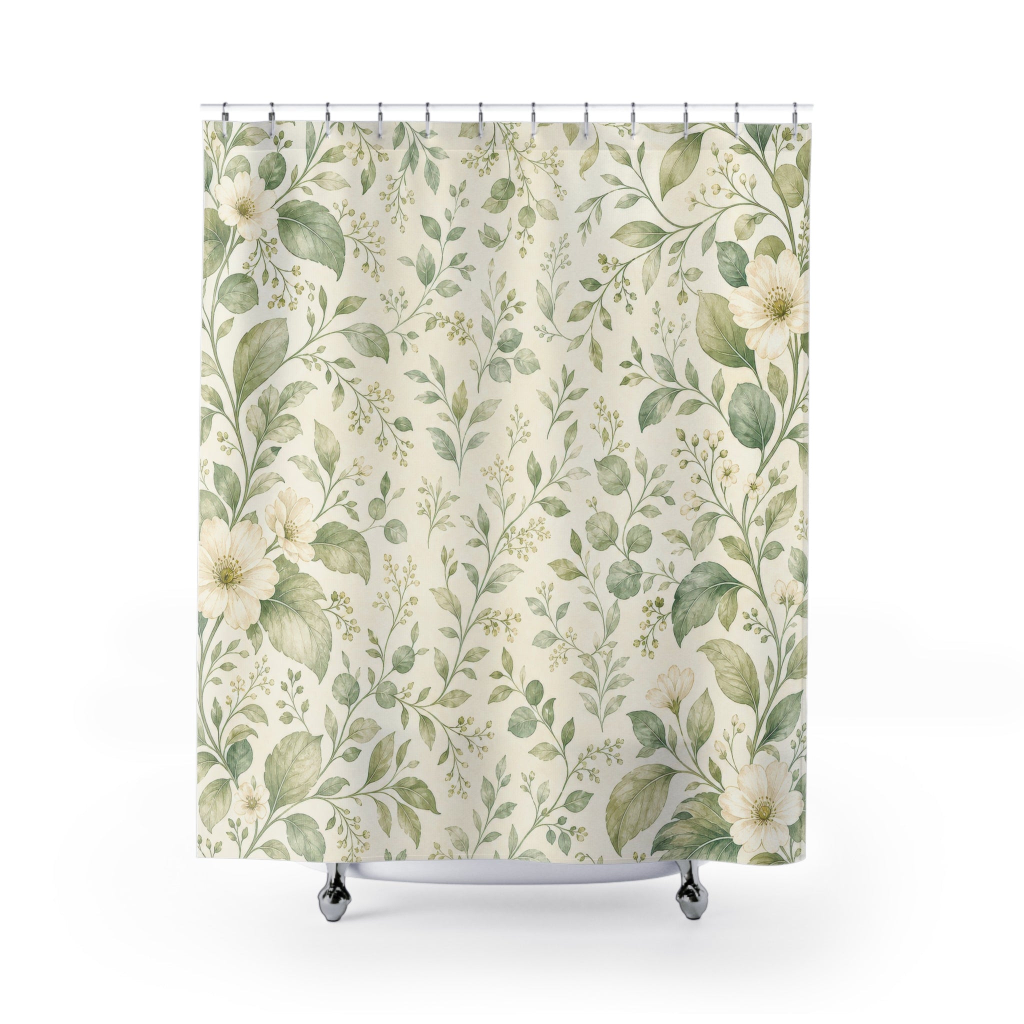 Sage White Floral Green Botanical Shower Curtain