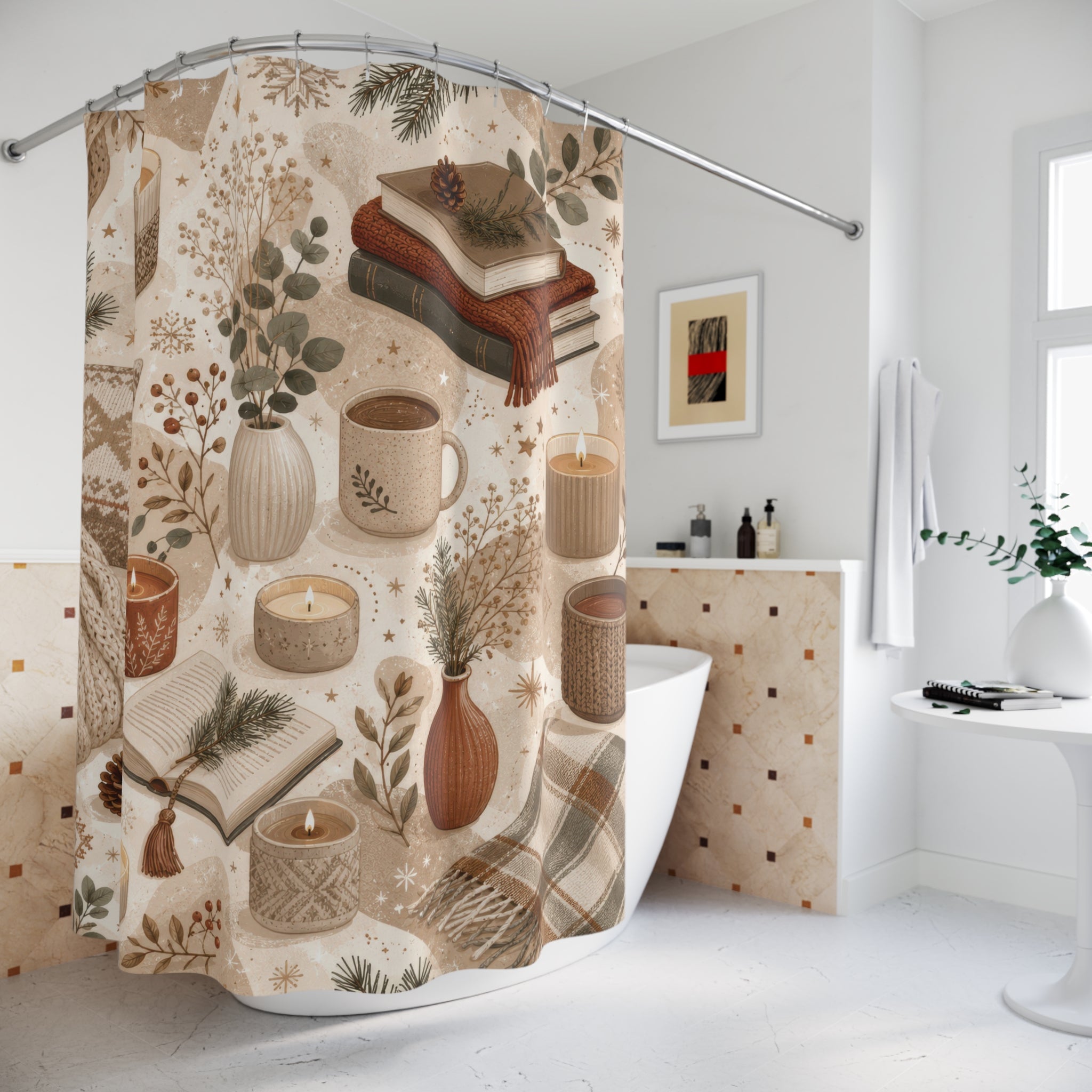 Beige Hygge Books Shower Curtain