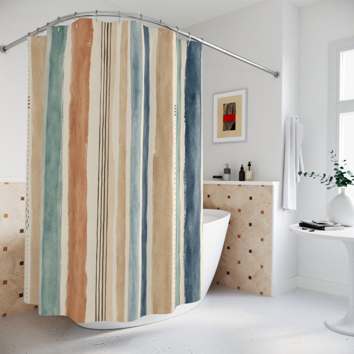 Aqua Blue Terracotta Stripe Shower Curtain