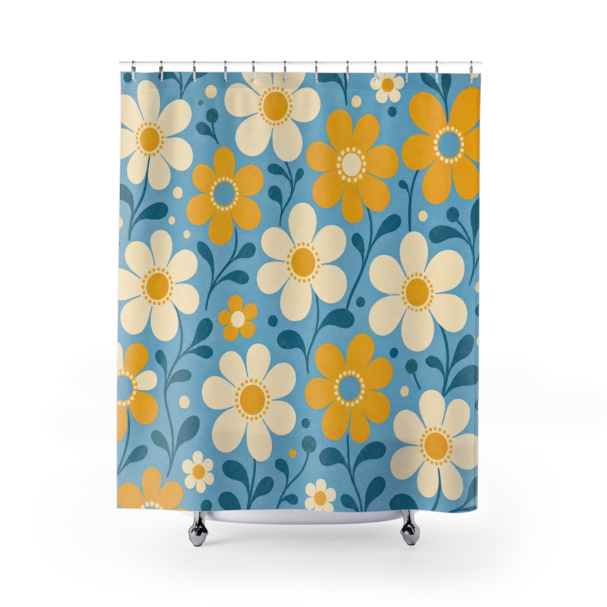 Daisy Shower Curtain, Yellow White Floral Pattern, Blue Retro Bathroom Decor, Cheerful Blue Wall Decor Guest Bath Wall Gift For Home