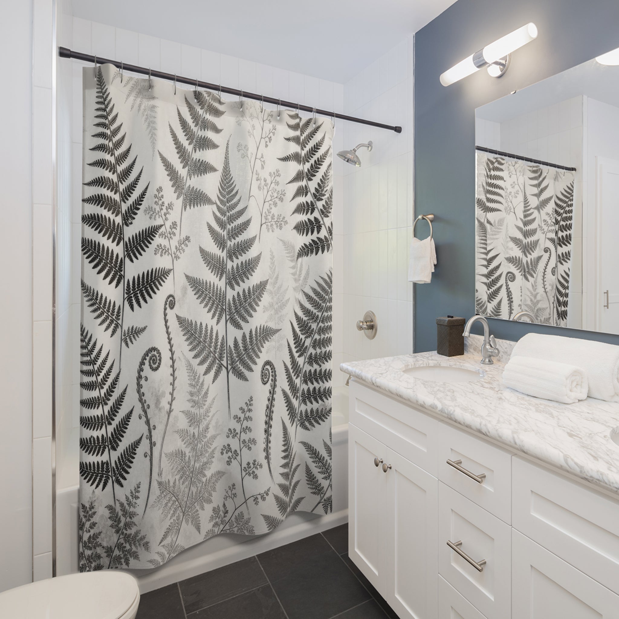 Black White Botanical Leaf Shower Curtain