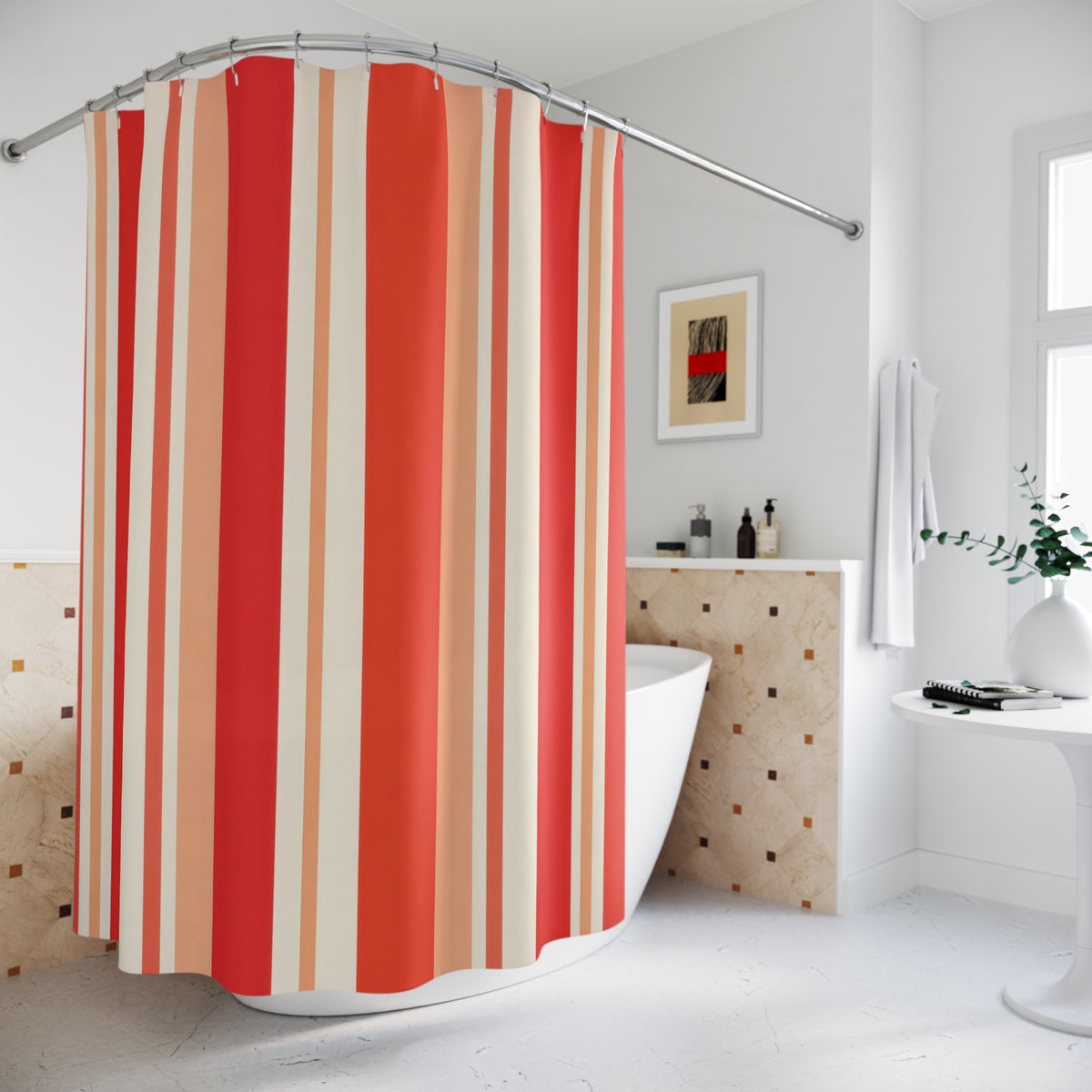 Warm Poppy Coral Stripe Shower Curtain
