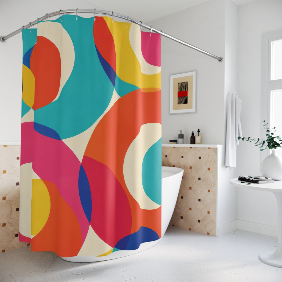 Turquoise, orange, pink and yellow circular bands on cream shower curtain beside a freestanding tub