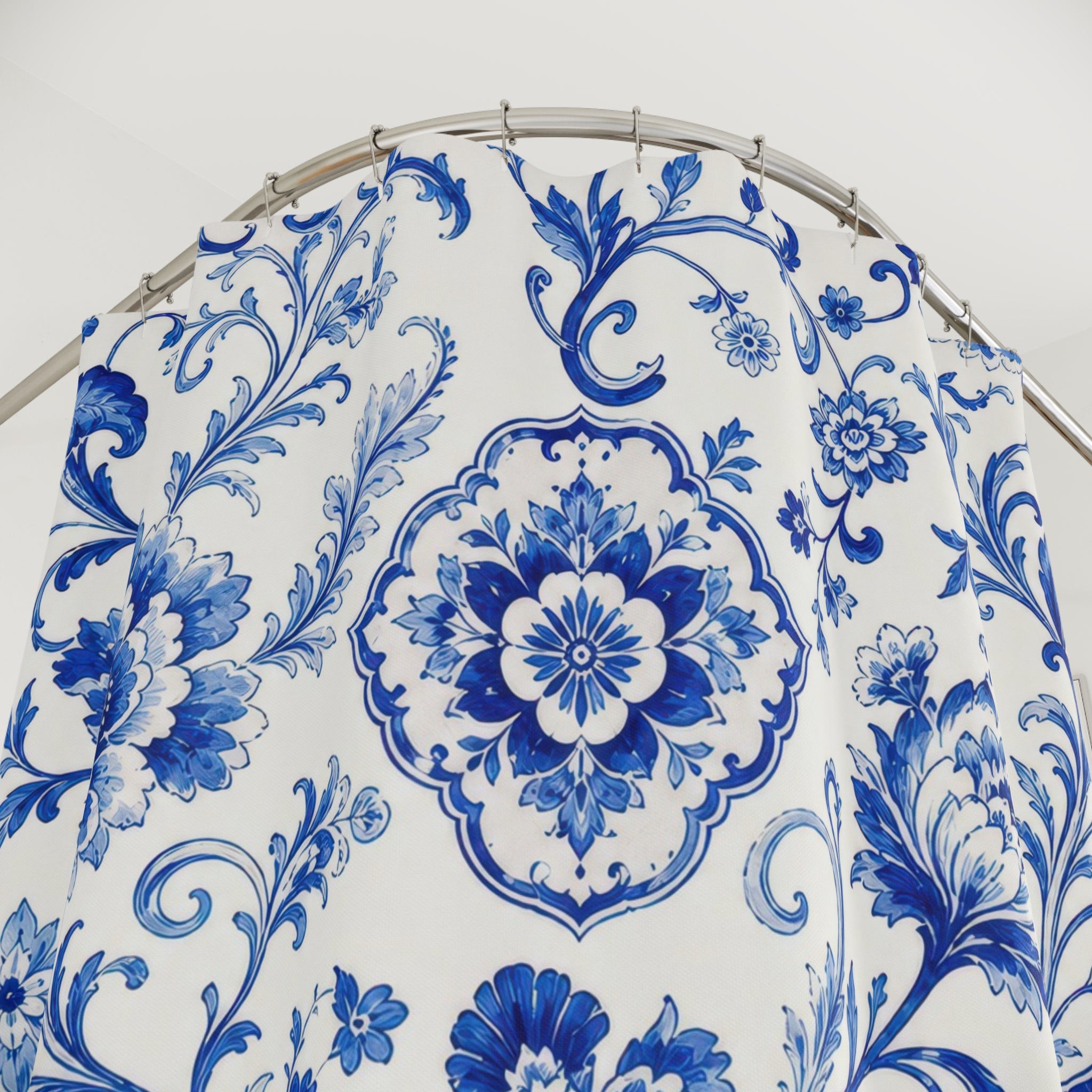 Unique Blue White Shower Curtain, Porcelain Floral Damask Pattern, Classic Tile Inspired Decor, Crisp Guest Bath, Traditional Style