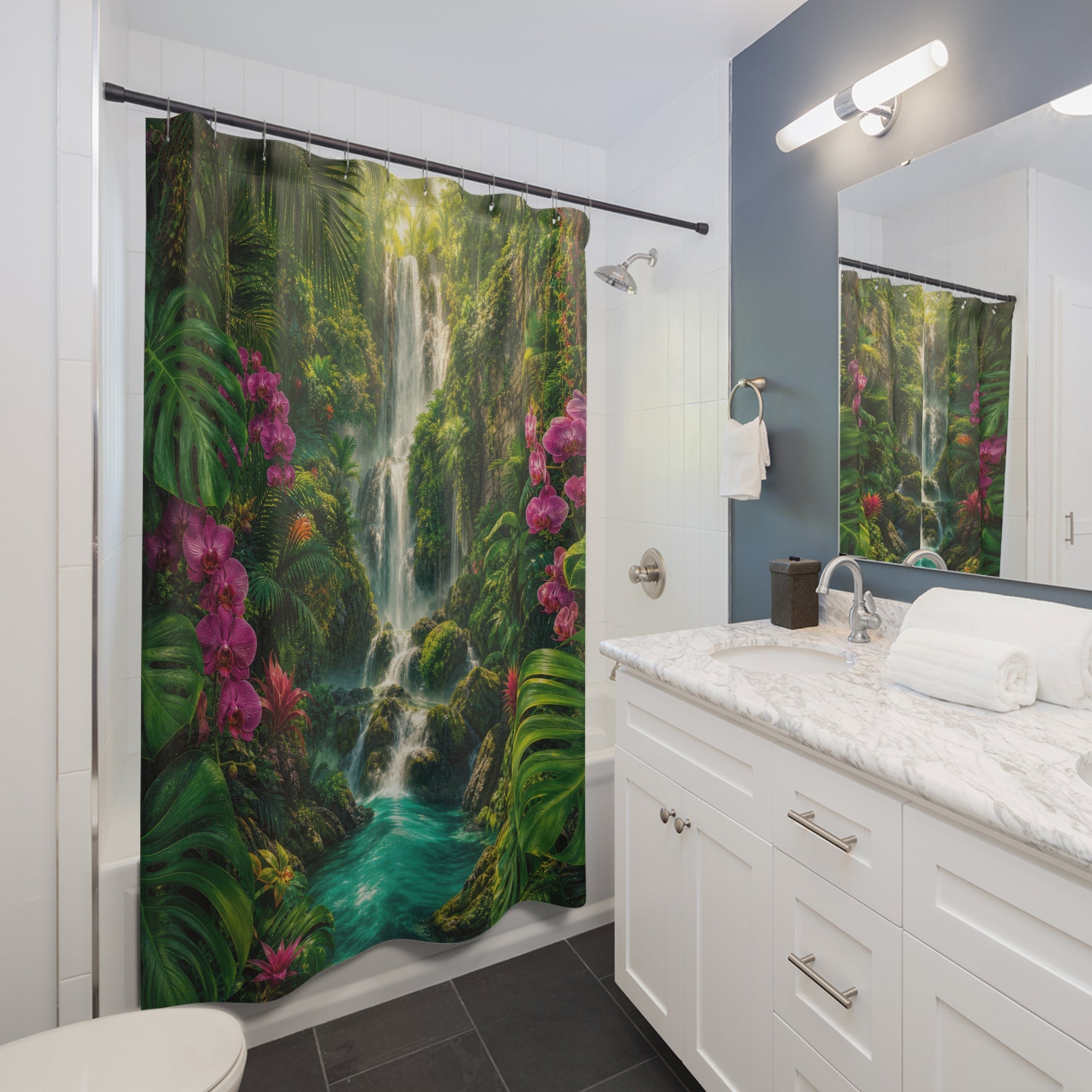 Rainforest Waterfall Orchids Shower Curtain