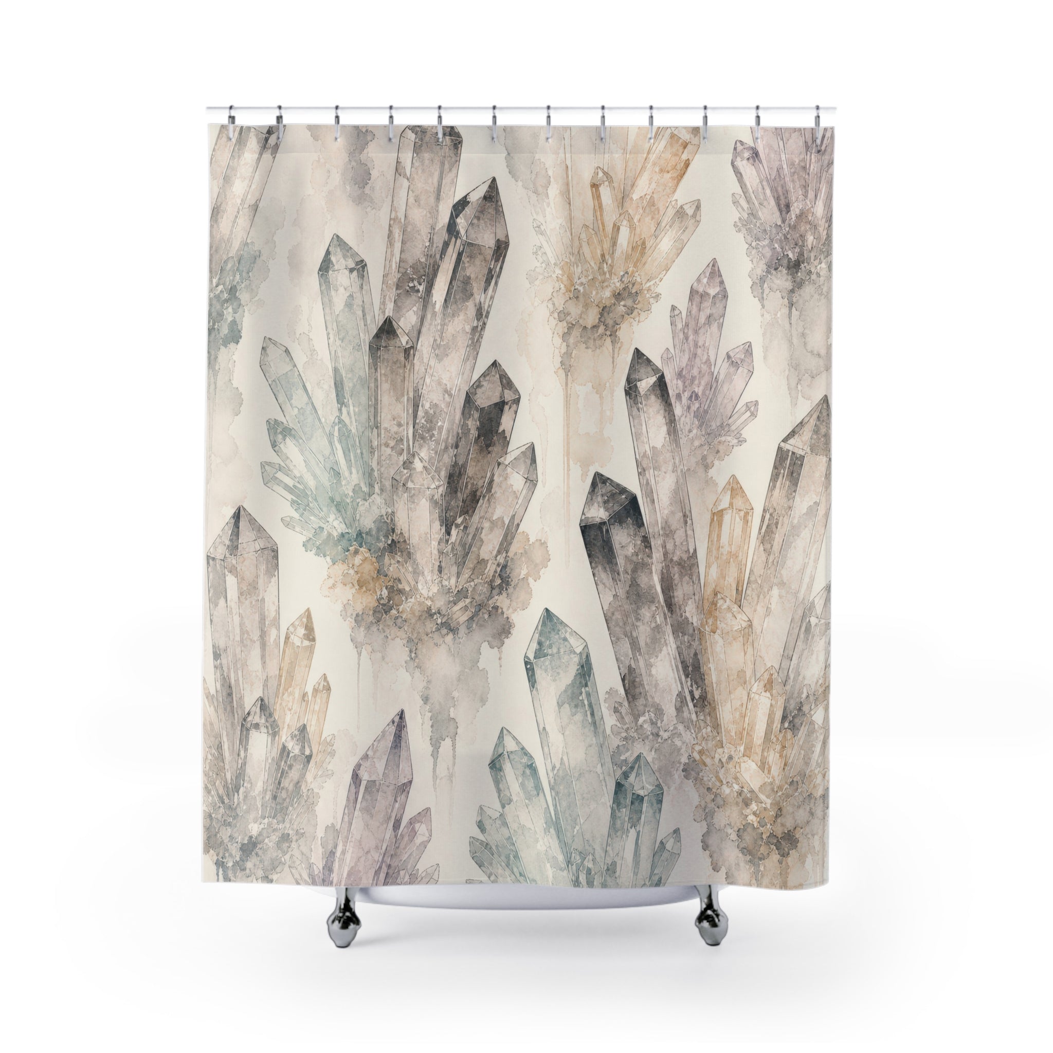 Crystal Shower Curtain, Grey Quartz Watercolor Pattern, Boho Bathroom Decor, Mystical Neutral Guest Bath Gemstone Spa Style