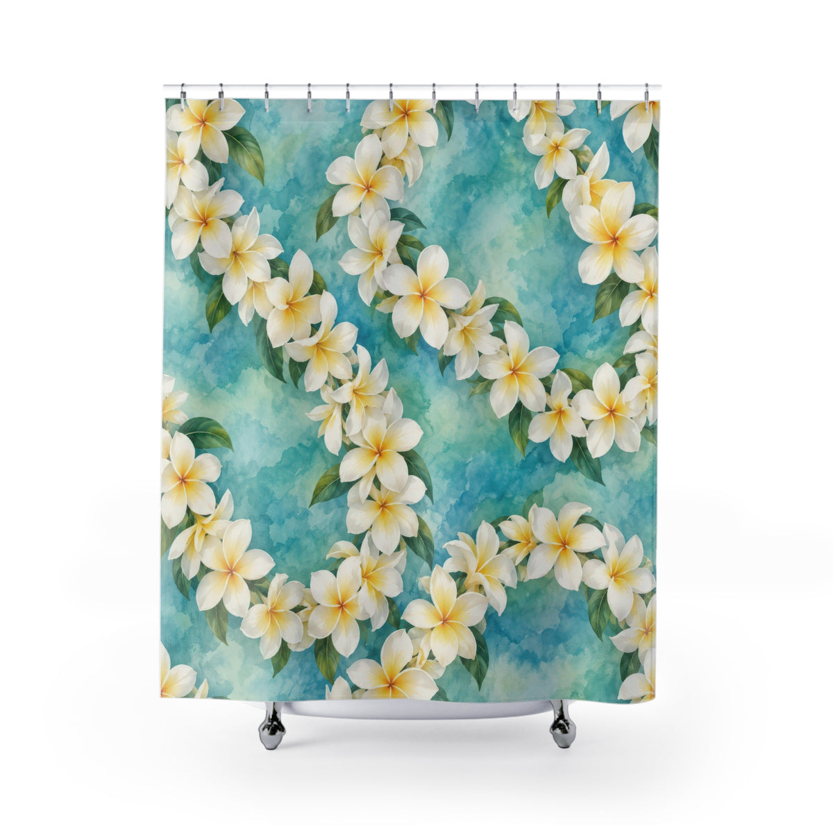 White plumeria leis over aqua watercolor shower curtain with full front view