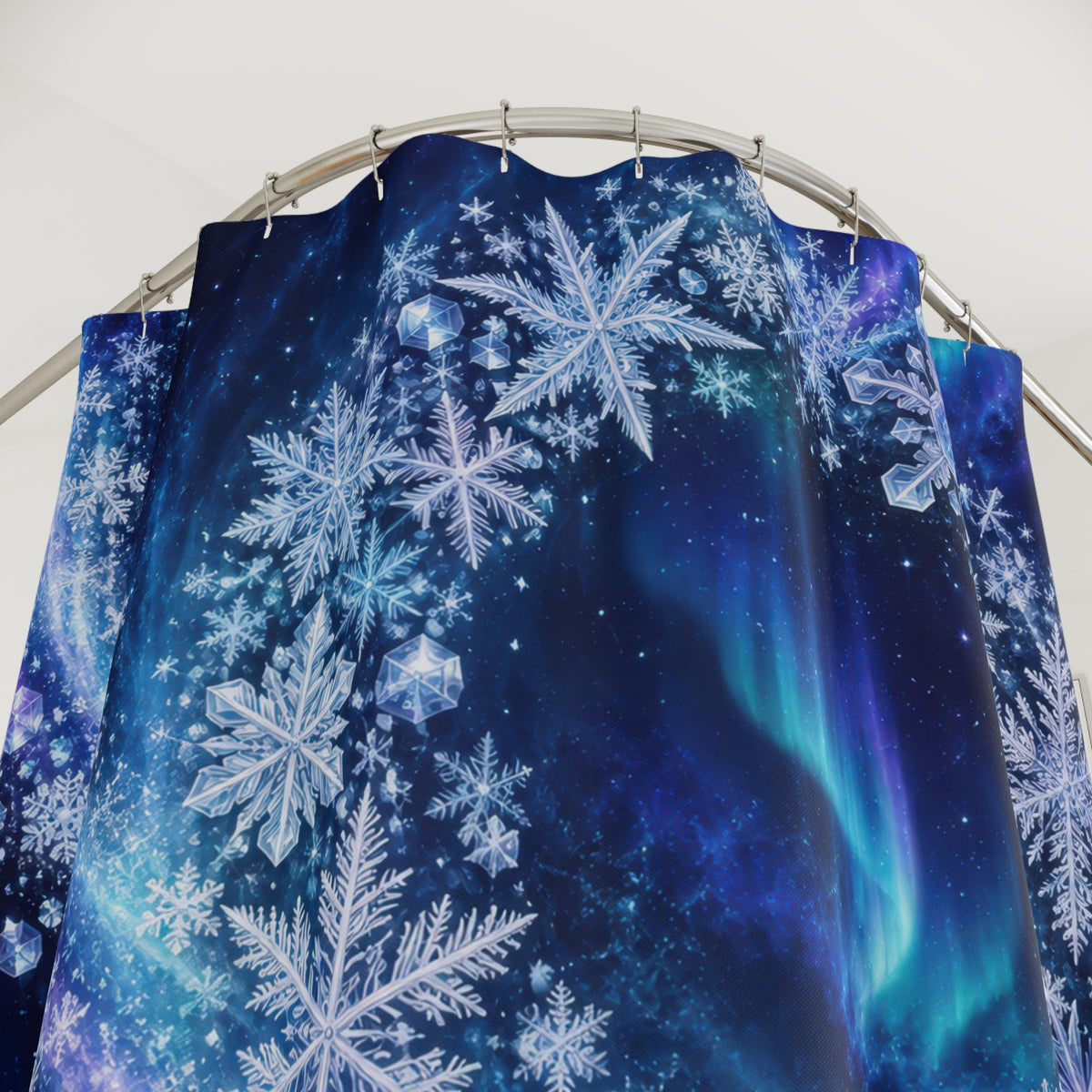 Snowflakes in blue and violet aurora light shower curtain with close-up print, hooks, and folds