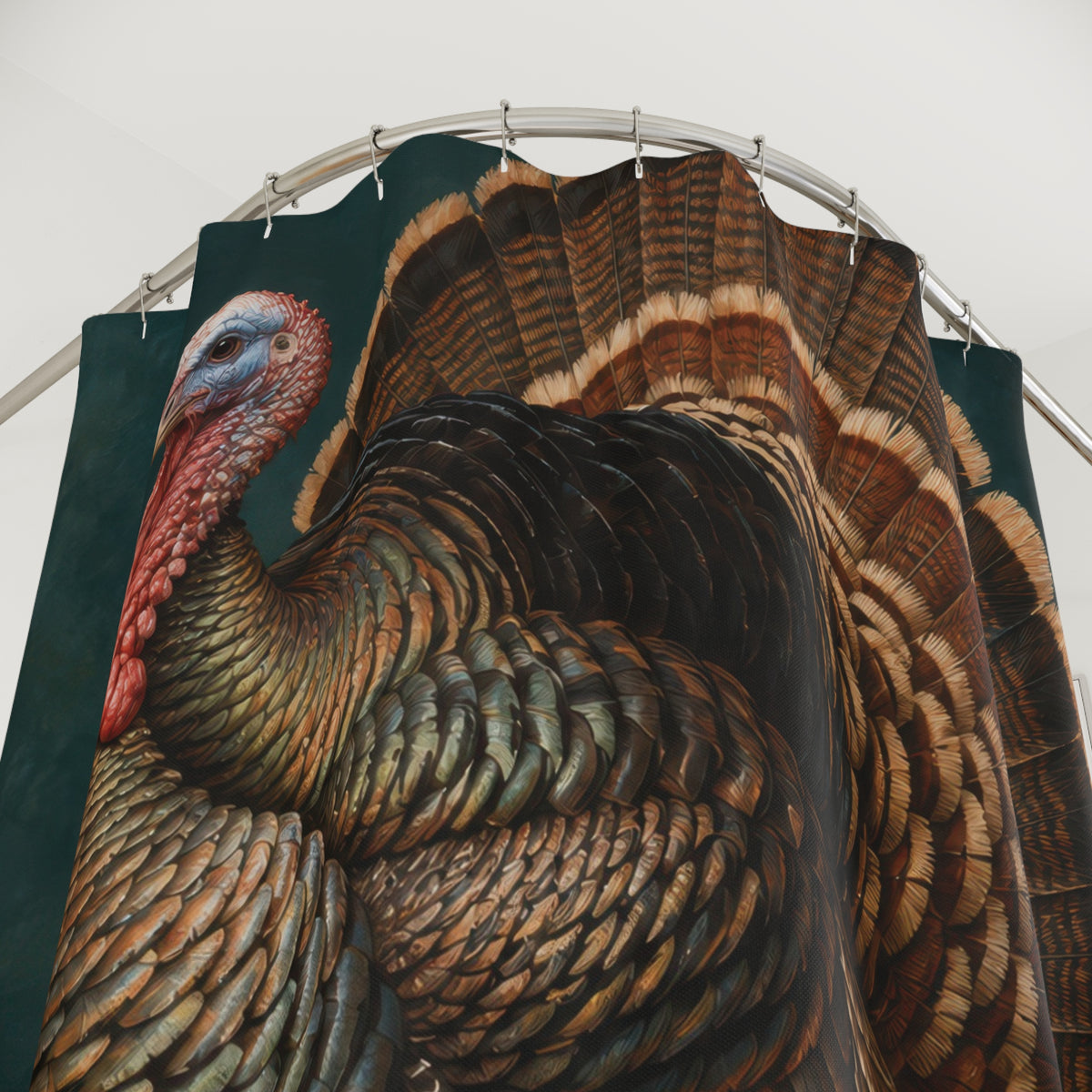 Bronze turkey with harvest wheat and corn on deep teal shower curtain with close-up print, hooks, and folds