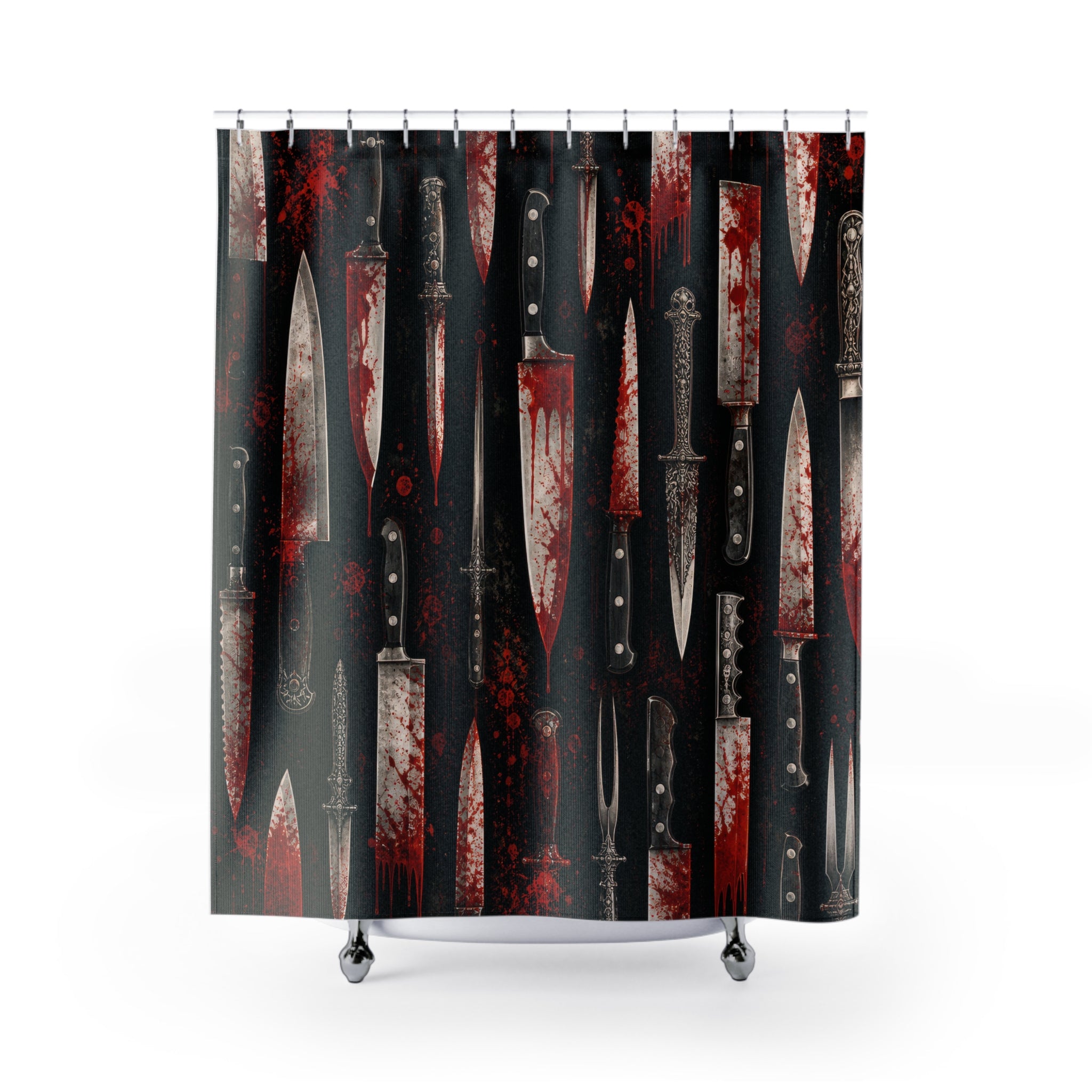 Unique Horror Shower Curtain, Knife Pattern Gothic Art, Black Red Blade Decor, Dark Bathroom Accent For Spooky Guest Bath, Halloween Style
