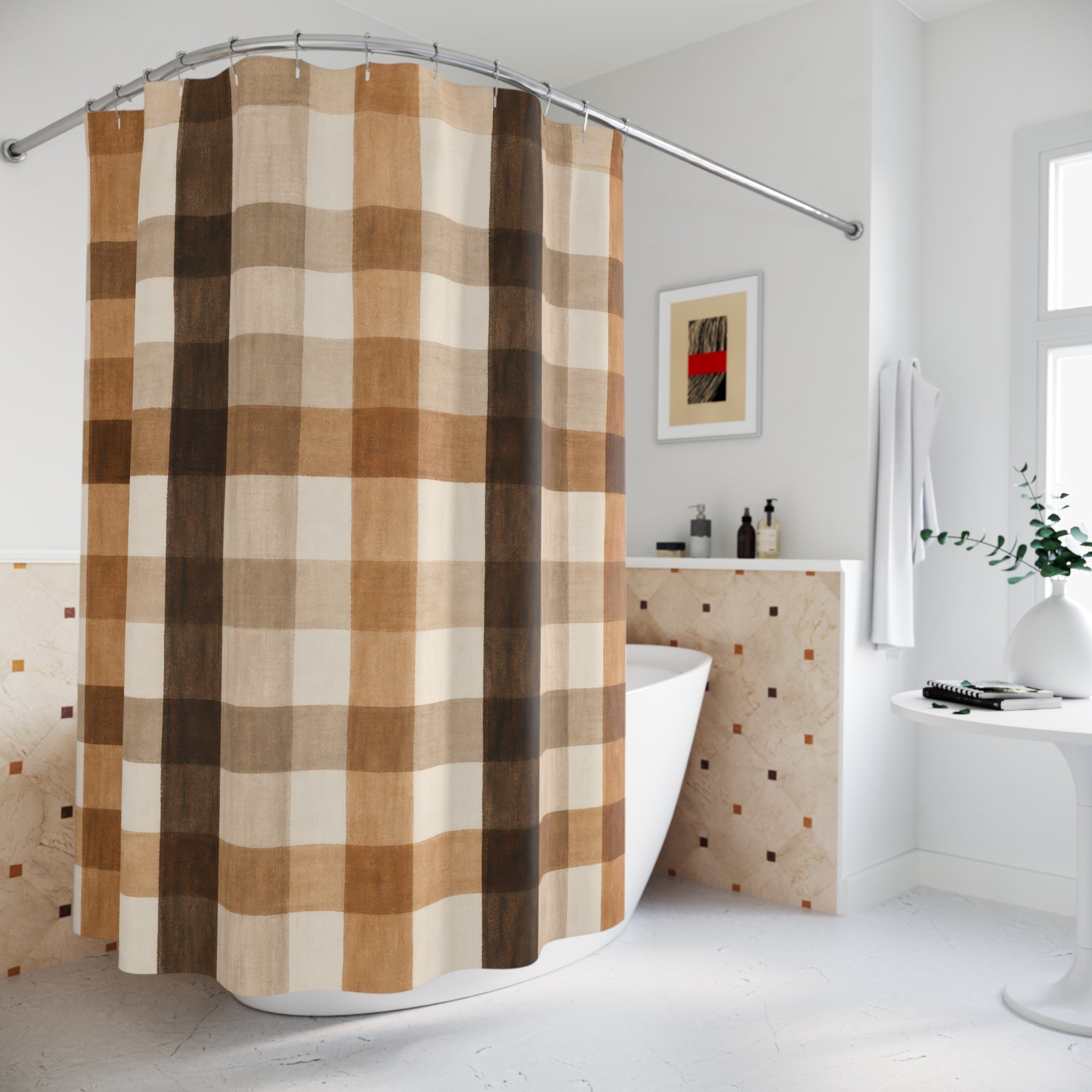 Brown Tan Watercolor Check Shower Curtain
