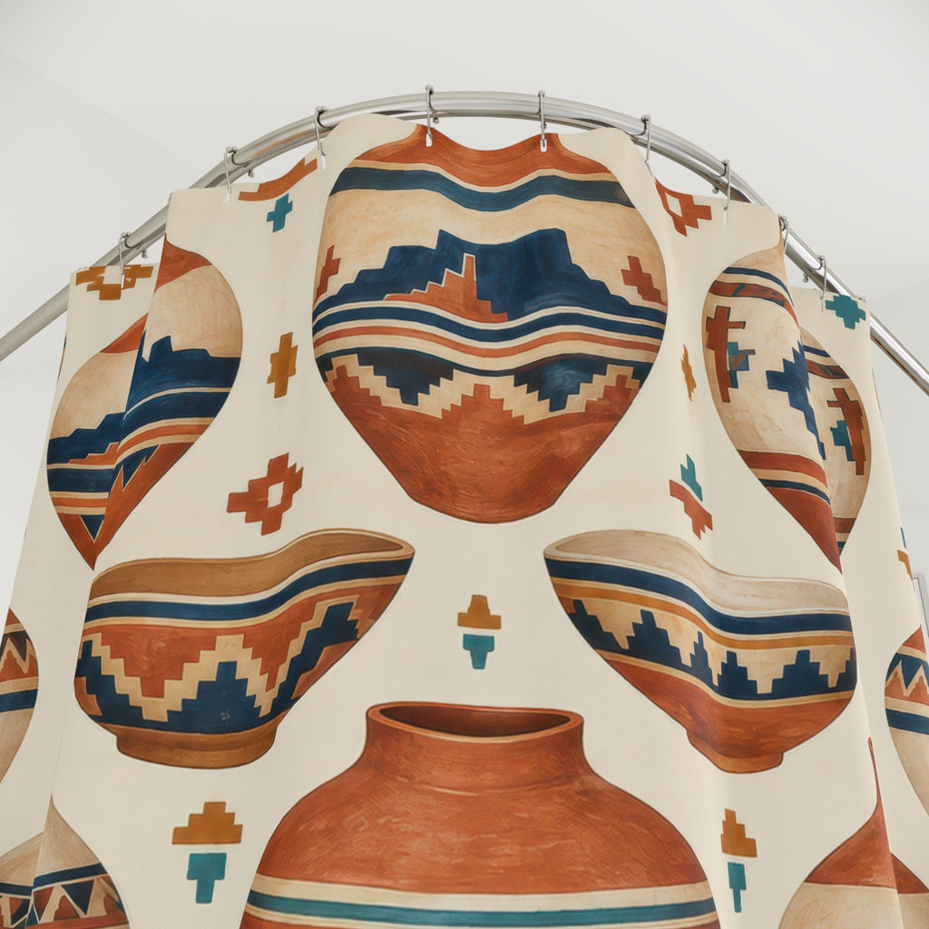 Terracotta pottery with blue mesas and stepped diamonds shower curtain with close-up print, hooks, and folds