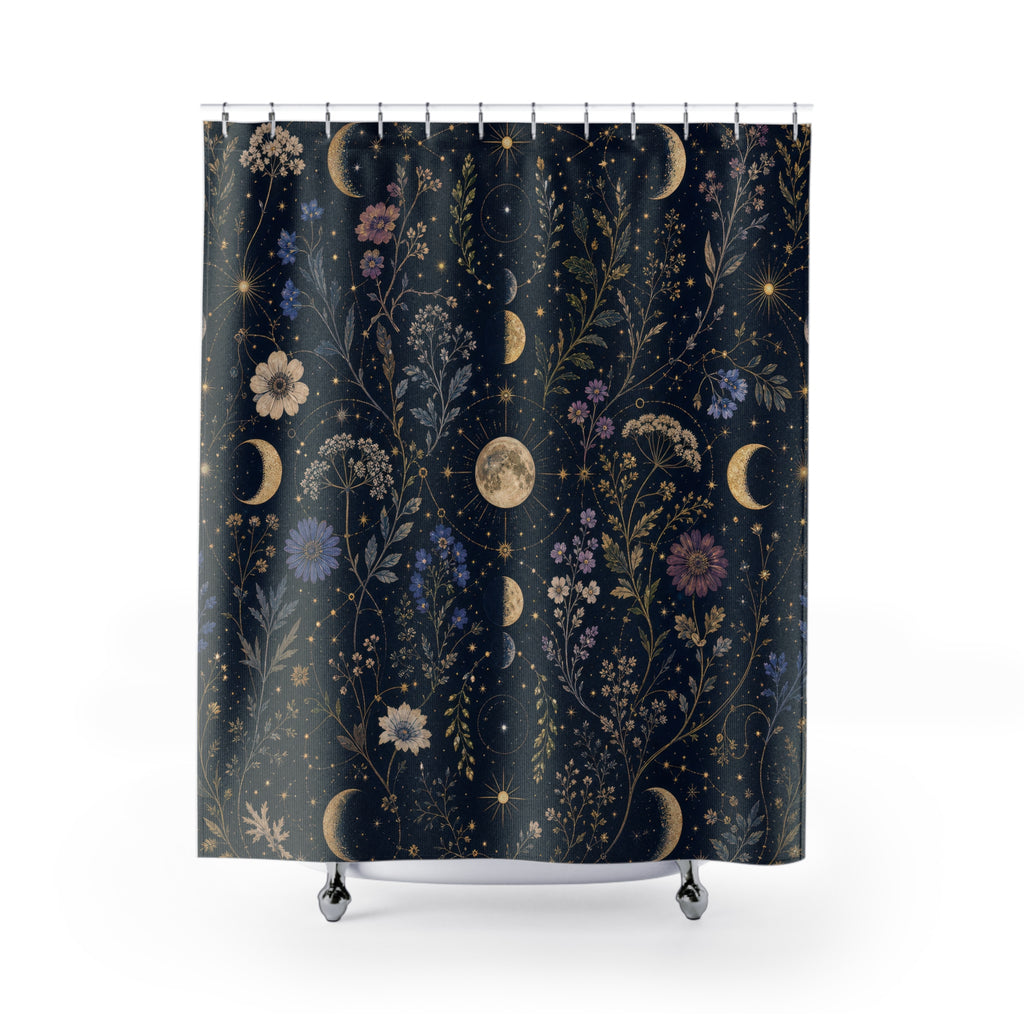 Celestial Botanical Shower Curtain, Navy Moon Bathroom Decor, Dark Floral Bath Curtain, Moody Guest Bathroom Decor, Gold Bath Decor