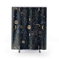Celestial Botanical Shower Curtain, Navy Moon Bathroom Decor, Dark Floral Bath Curtain, Moody Guest Bathroom Decor, Gold Bath Decor