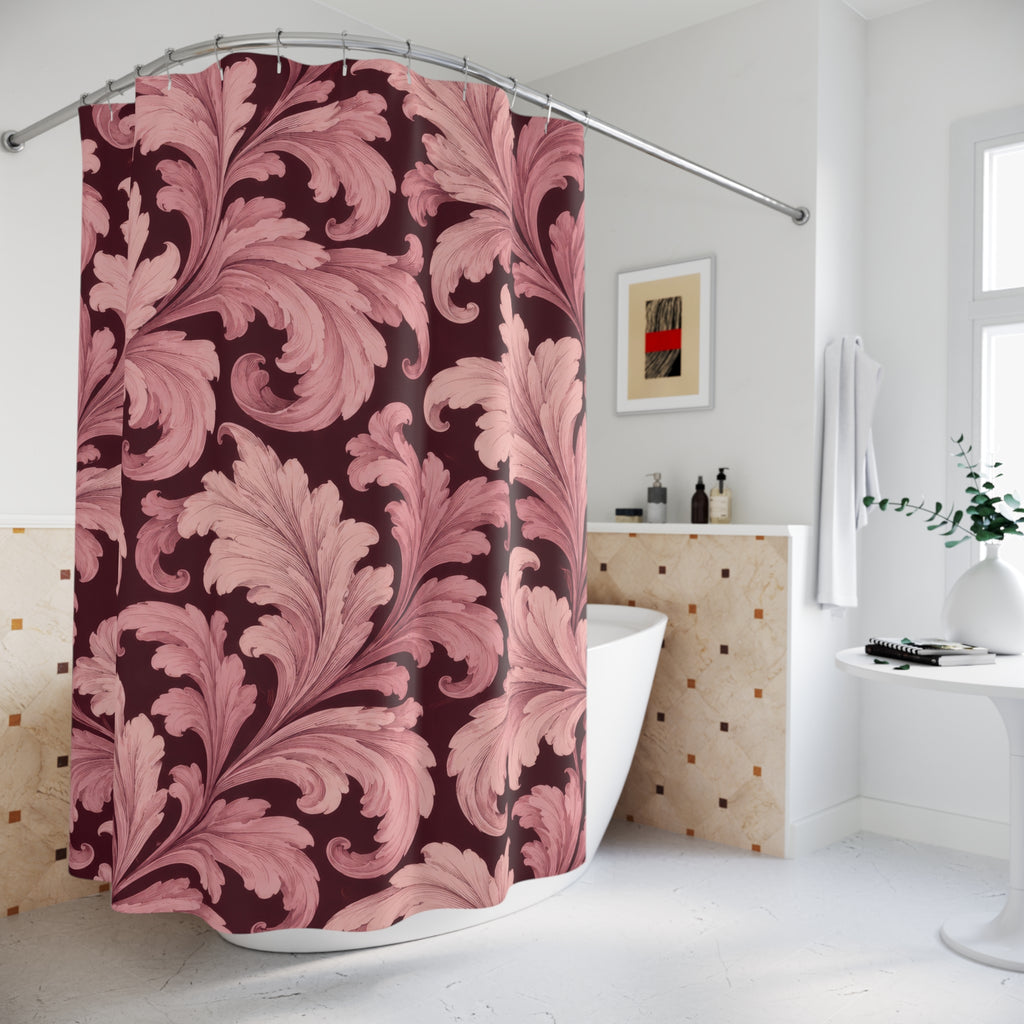 Blush acanthus leaves on deep burgundy shower curtain beside a freestanding tub
