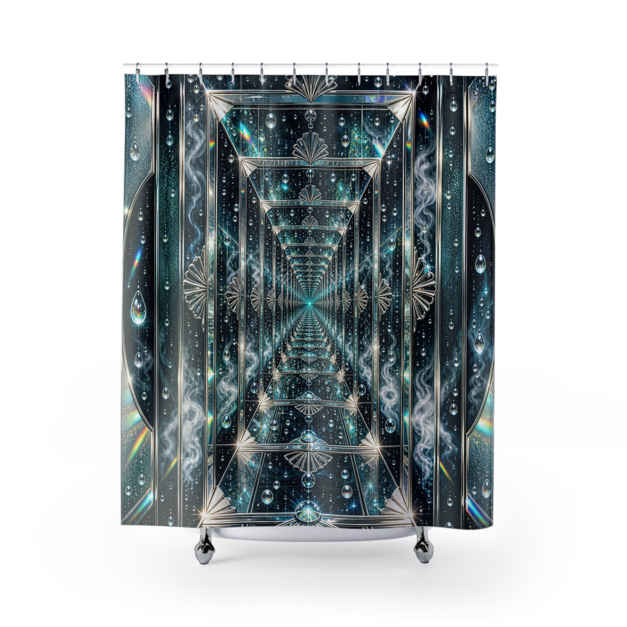 Unique Blue Shower Curtain, Crystal Corridor Geometric Art, Sparkling Teal Bathroom Decor, Modern Wall Decor Guest Bath Gift For Home