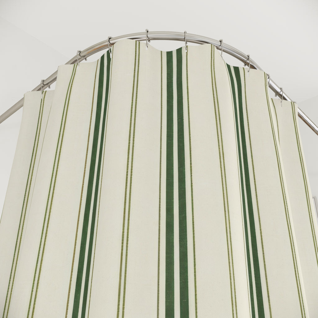 Green Ticking Stripe Shower Curtain, Forest Cream Bathroom Decor, Classic Green Stripe Bath Curtain, Guest Bathroom Decor, Small Bath Decor