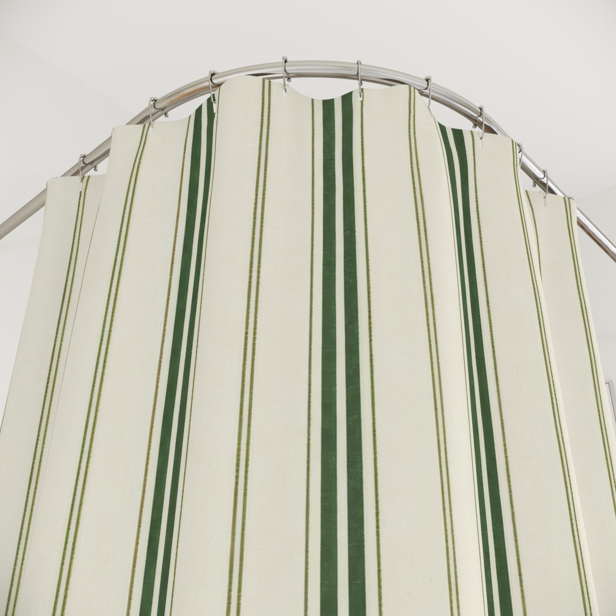 Green Ticking Stripe Shower Curtain, Forest Cream Bathroom Decor, Classic Green Stripe Bath Curtain, Guest Bathroom Decor, Small Bath Decor