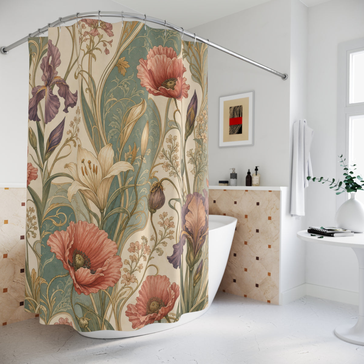 Art Nouveau Poppy sage coral shower curtain beside a freestanding tub