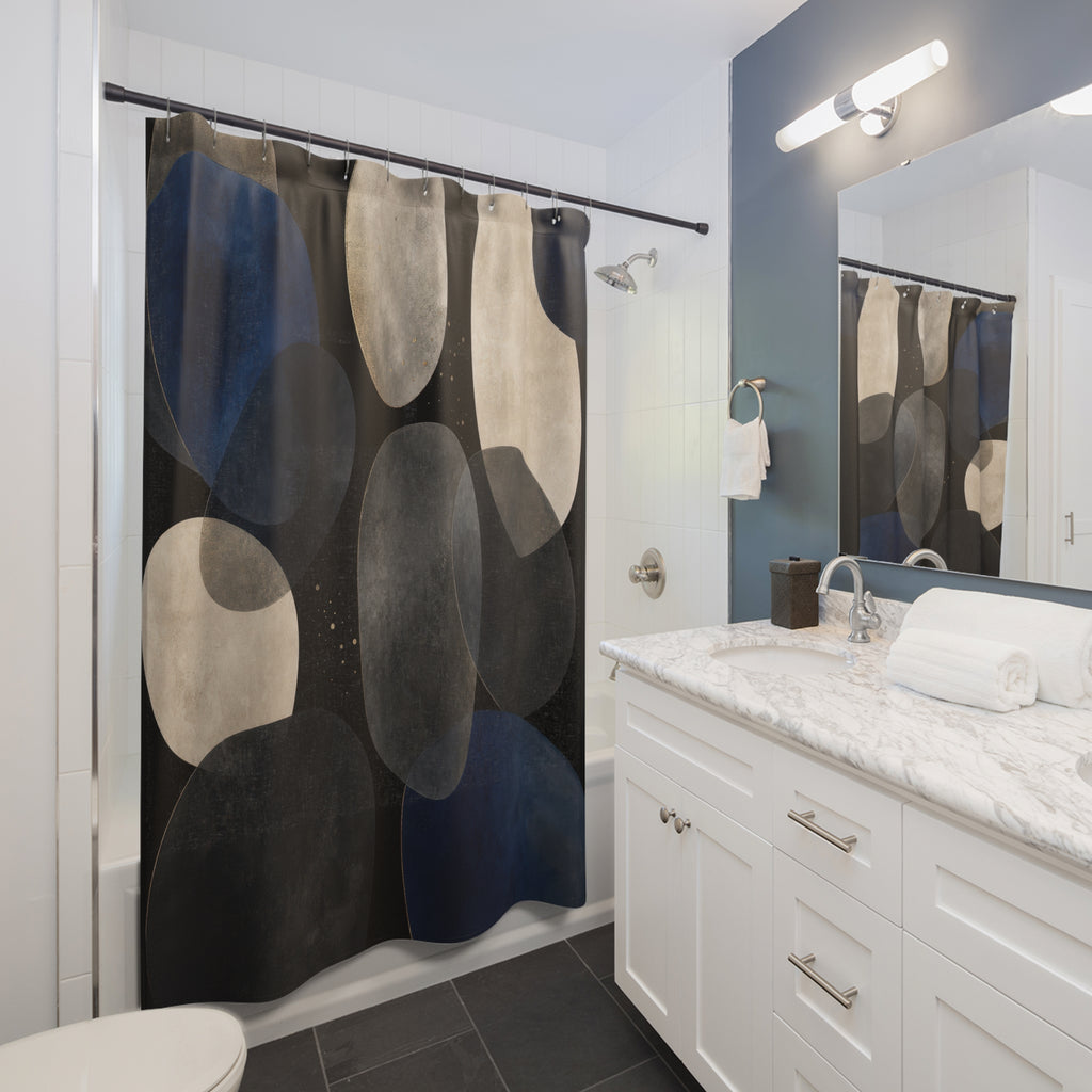 Blue Abstract Shower Curtain, Navy Black Bath Decor, Cream Gray Circle Pattern, Modern Geometric Bathroom Decor, Moody Guest Bathroom