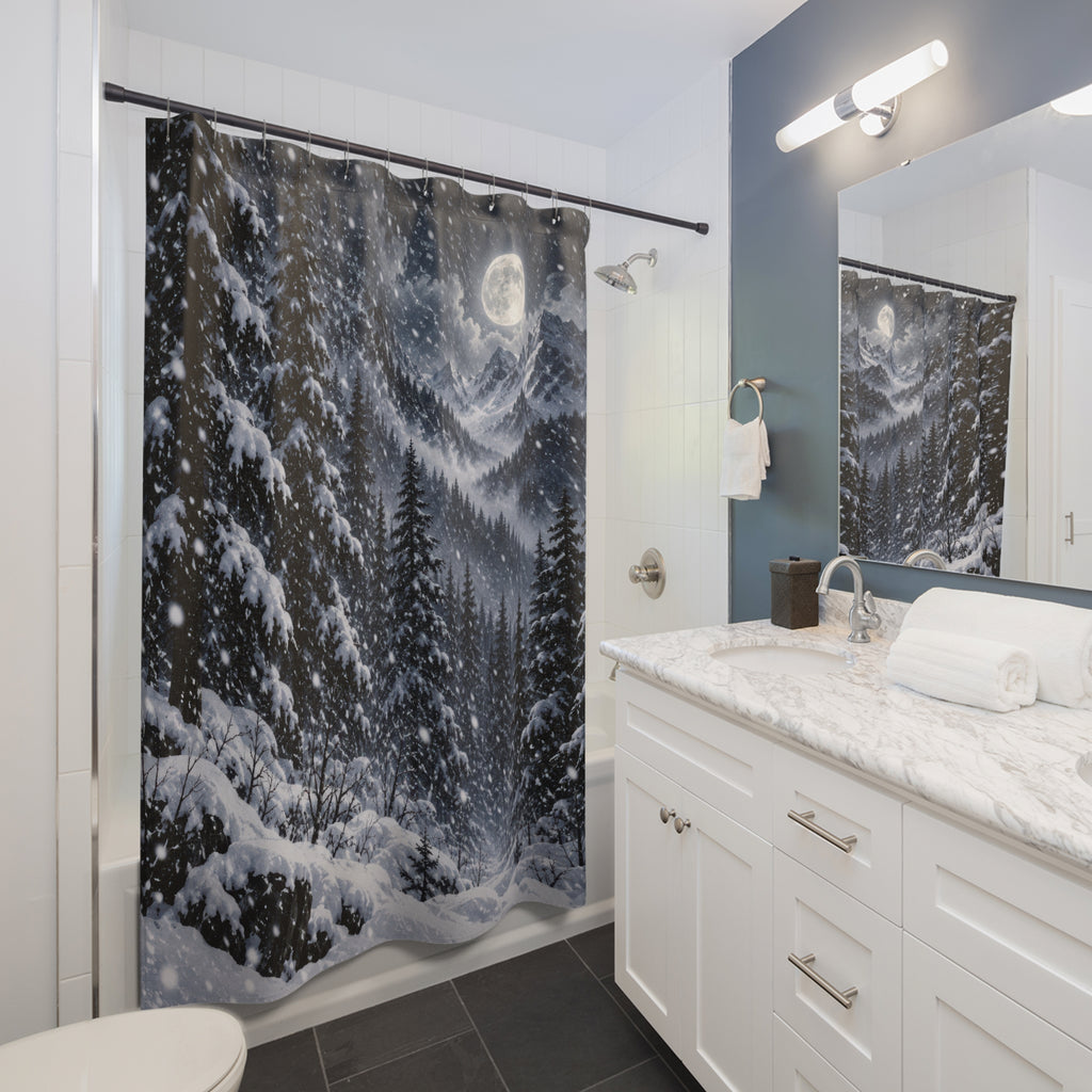 Moonlit snow-covered alpine forest shower curtain beside a white vanity