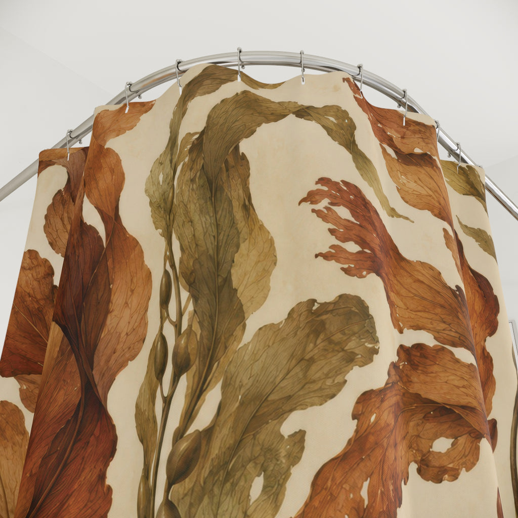 Copper-brown and olive kelp on sandy cream shower curtain with close-up print, hooks, and folds