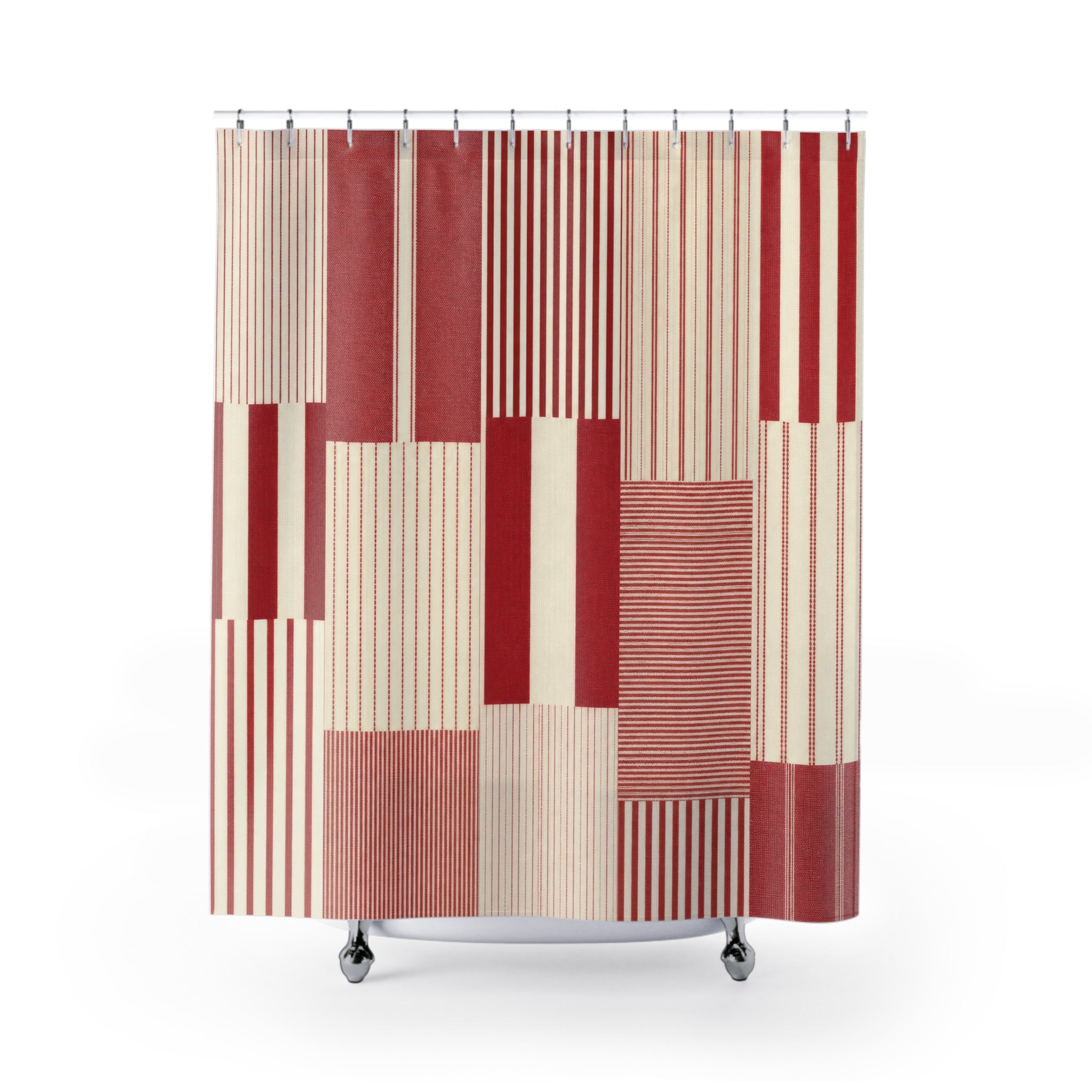 Red and White Patchwork Stripe Shower Curtain