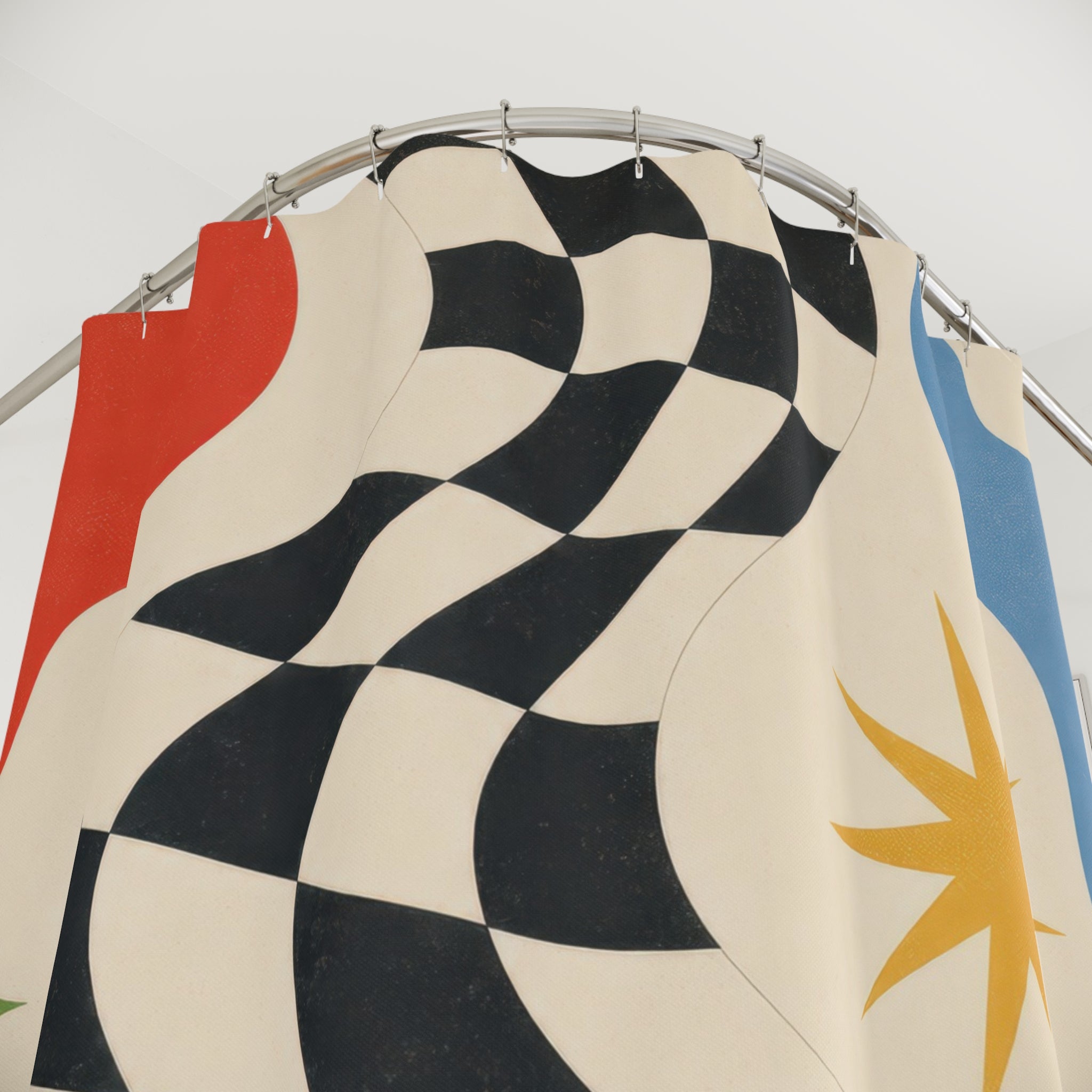 Checkered Star Beige Black Blue Shower Curtain