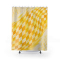 Saffron yellow checker wave on cream shower curtain with full front view