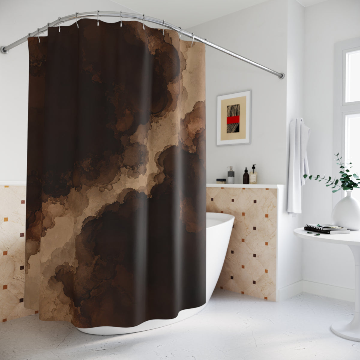 Dark brown ink blooms with a winding tan opening shower curtain beside a freestanding tub