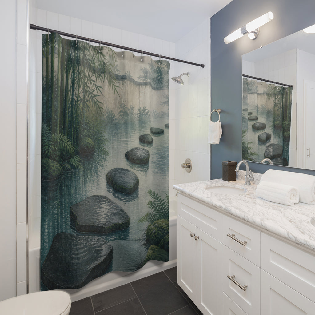 Rain-dark stepping stones crossing a misty bamboo pool shower curtain beside a white vanity