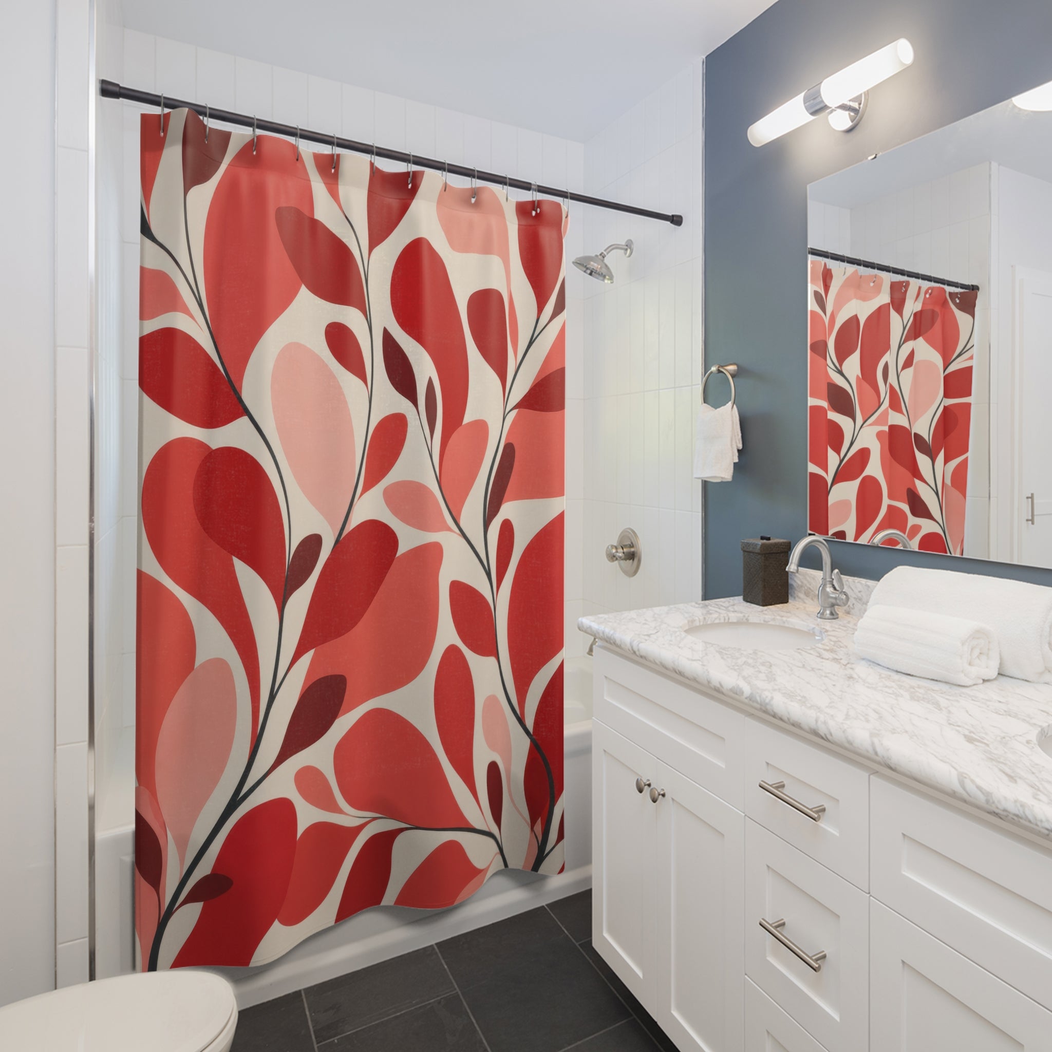Pink Botanical Red Floral Shower Curtain