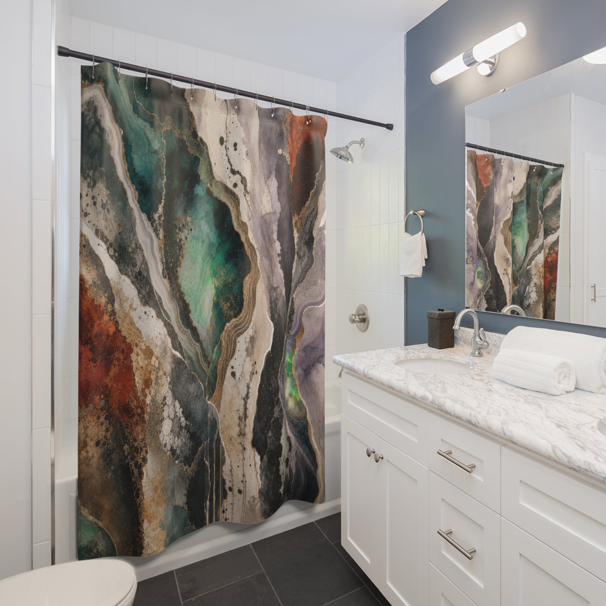 Abstract Shower Curtain, Teal Rust Marble Look, Cream Black Bathroom Decor, Organic Stone Art, Modern Earth Tone Guest Bath, Warm Decor