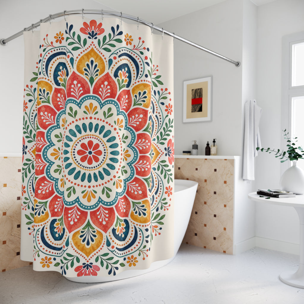 Orange Teal Floral Medallion Shower Curtain