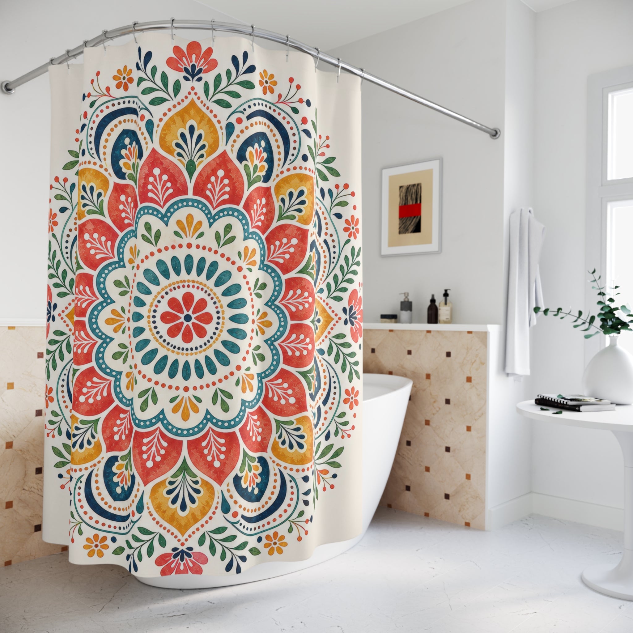 Orange Teal Floral Medallion Shower Curtain