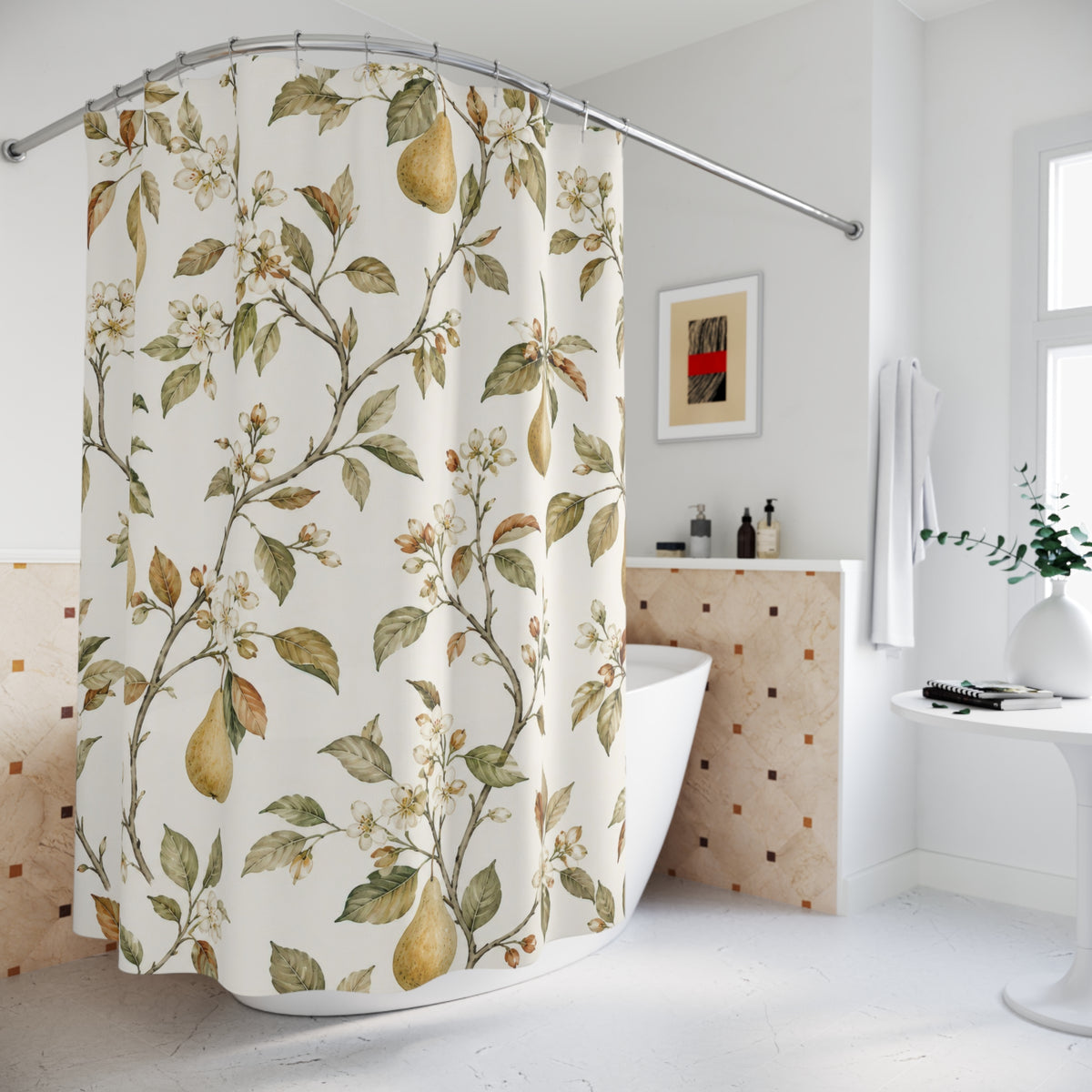 Pear Blossom Botanical fruit pattern shower curtain beside a freestanding tub