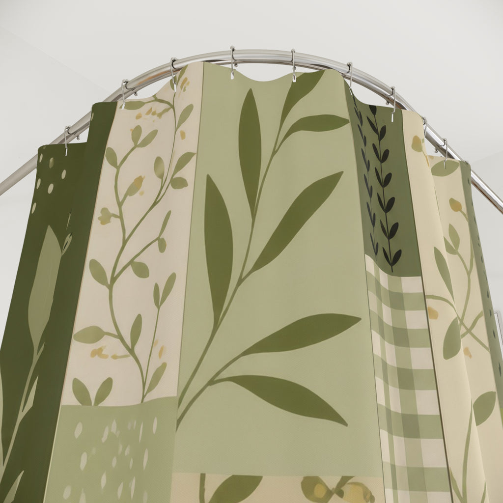 Olive botanical patchwork strips shower curtain with close-up print, hooks, and folds