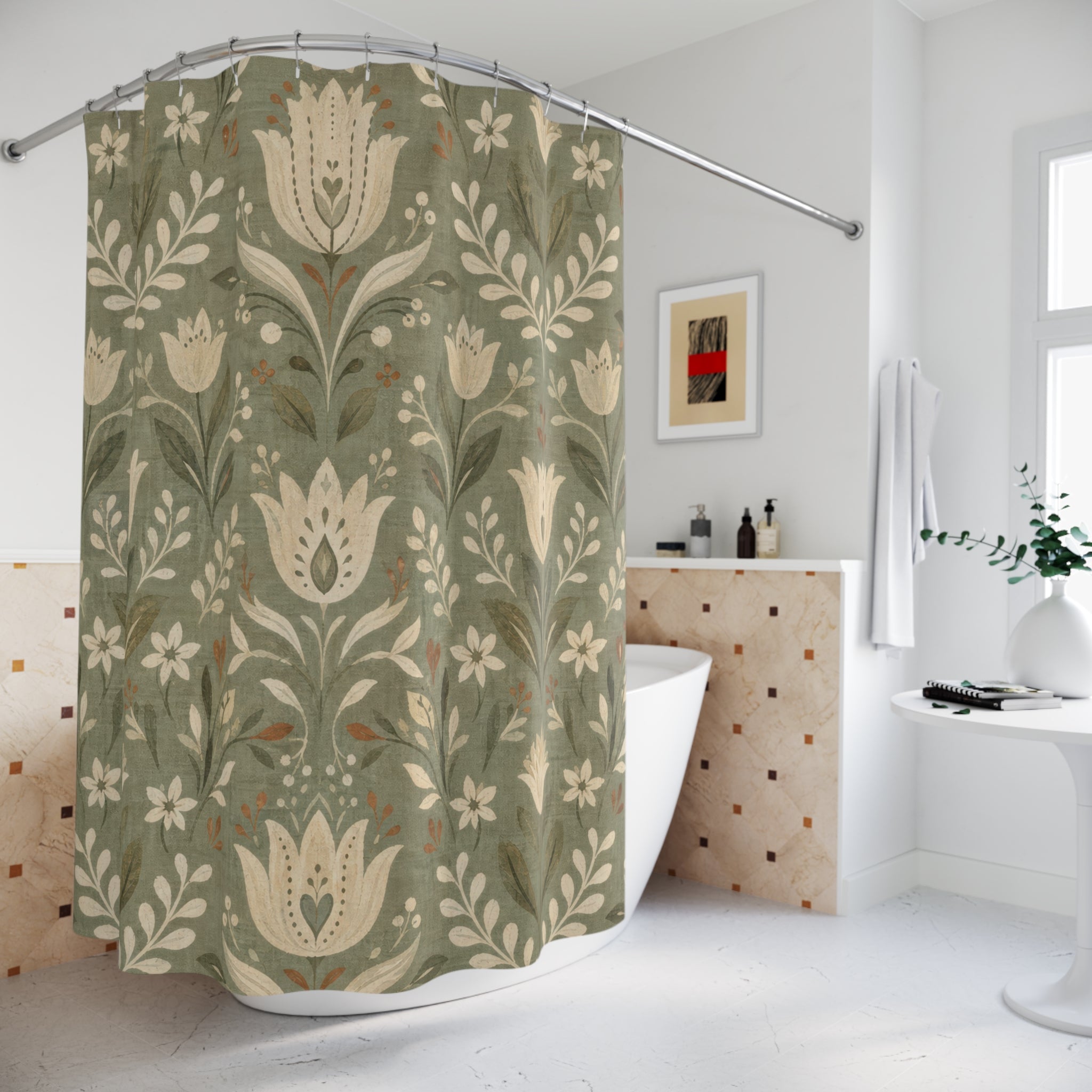 Sage Green Folk Floral Shower Curtain