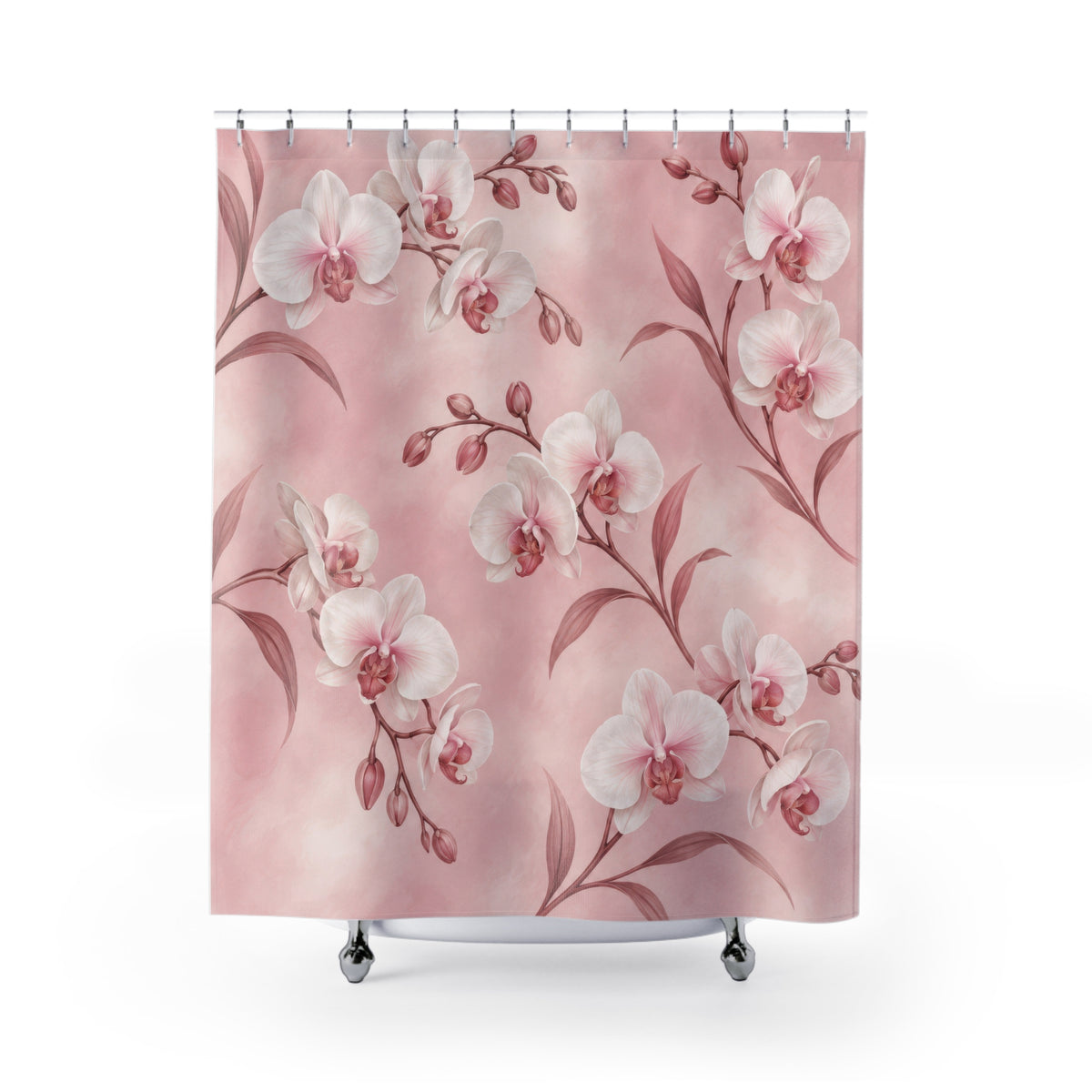 White orchids with rose stems on a blush ground shower curtain with full front view