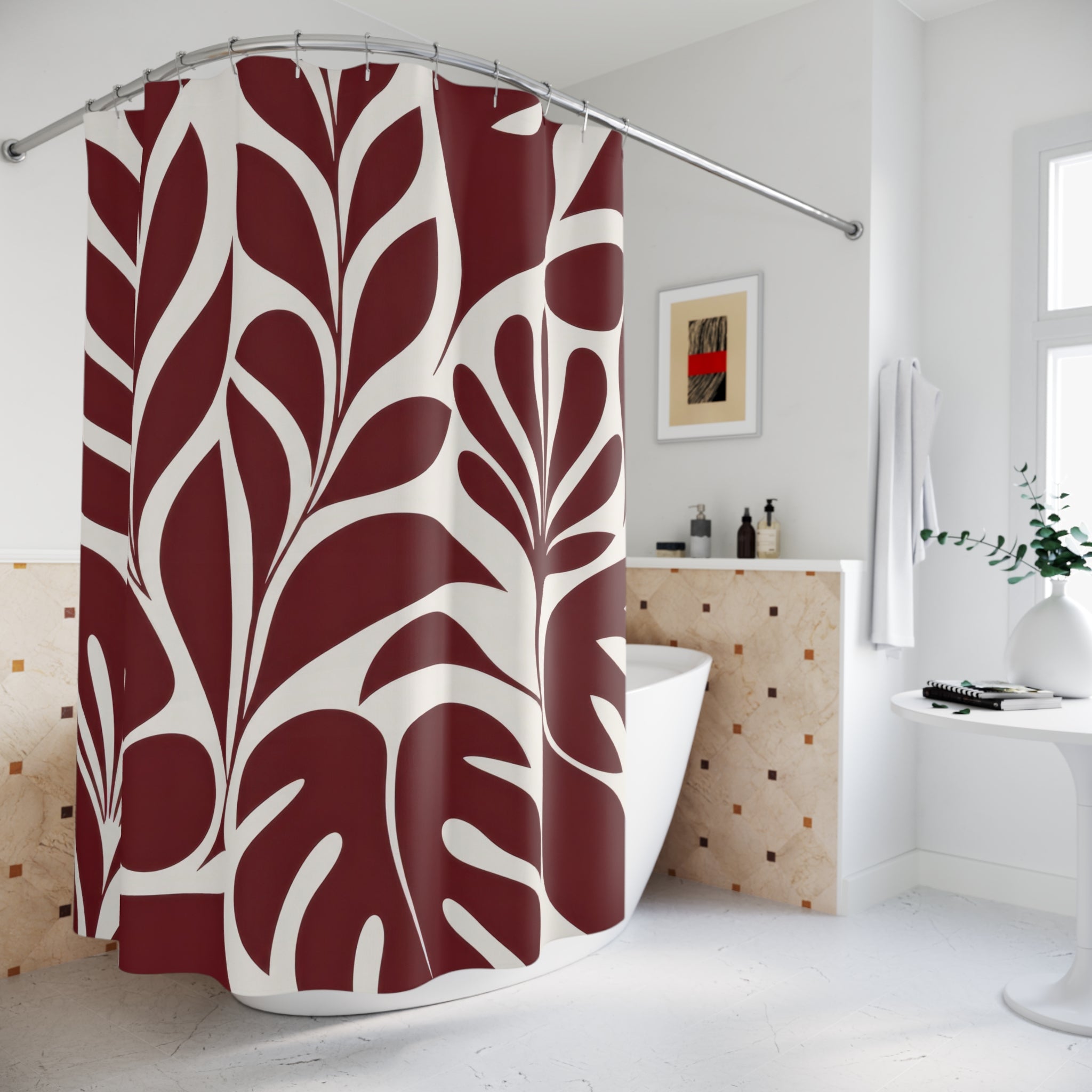 Red Leaf Shower Curtain, Burgundy Tropical Botanical Pattern, Cream White Leaves, Modern Nature Bath Decor, Bold Guest Bathroom Accent
