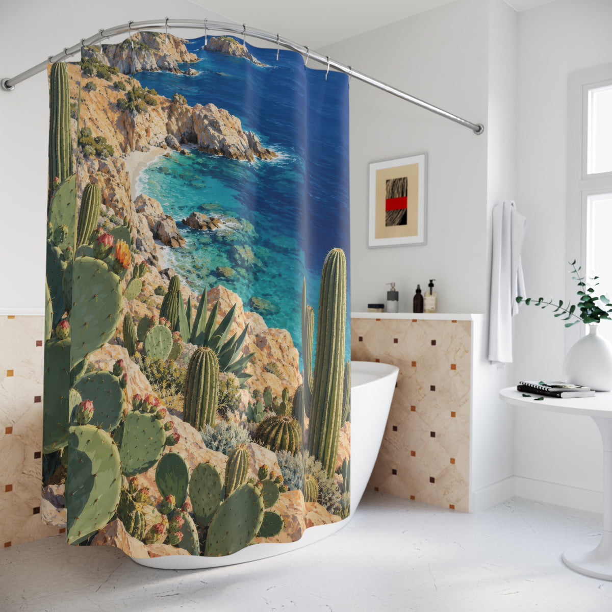 Green coastal cactus above a turquoise cove and peach cliffs shower curtain beside a freestanding tub