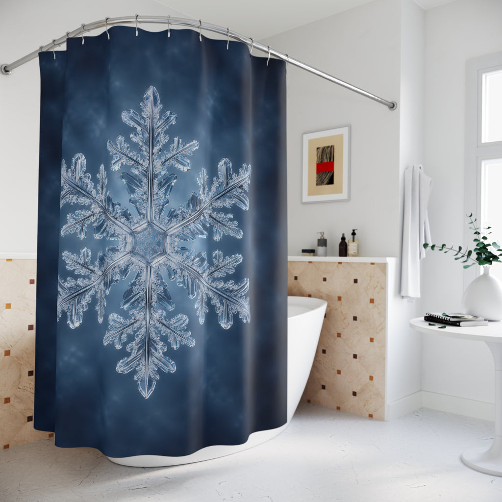 Single ice blue snowflake on a clouded navy background shower curtain beside a freestanding tub