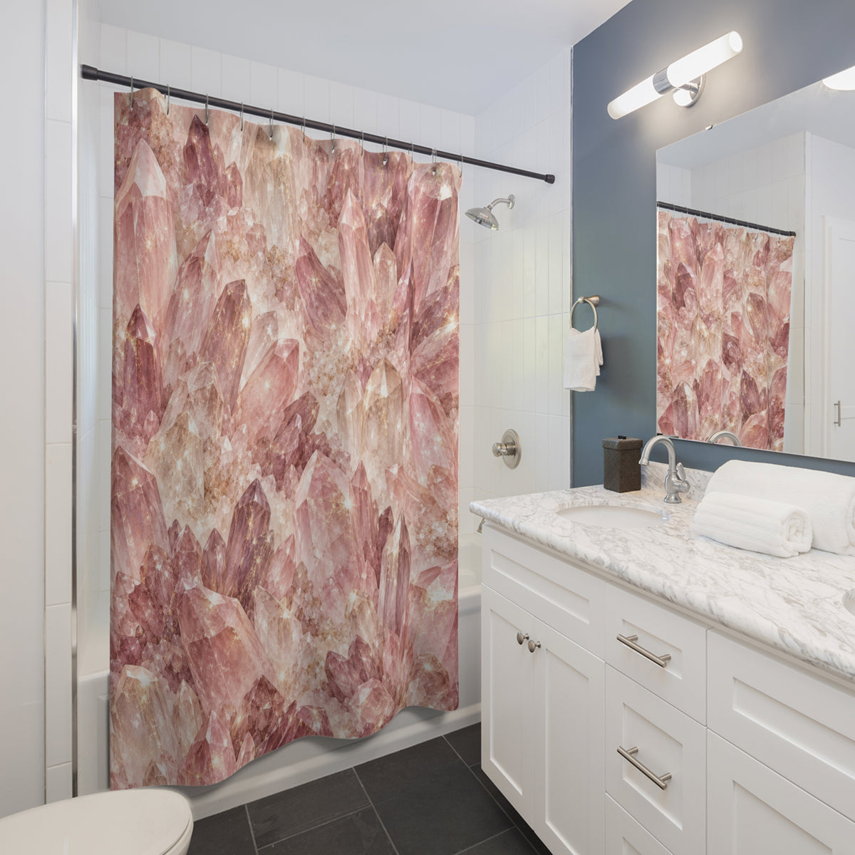 Pink and mauve quartz crystals with pale glints shower curtain beside a white vanity