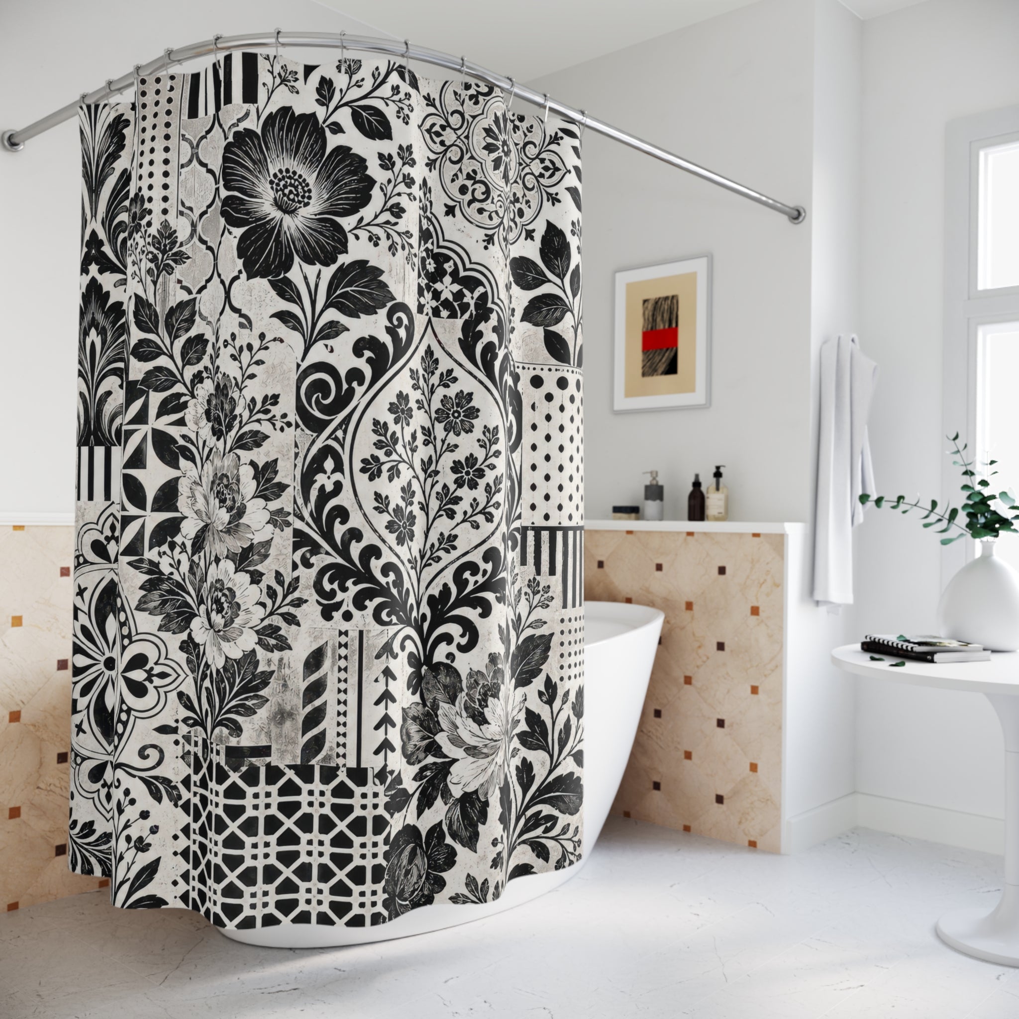 Black White Patchwork Floral Shower Curtain