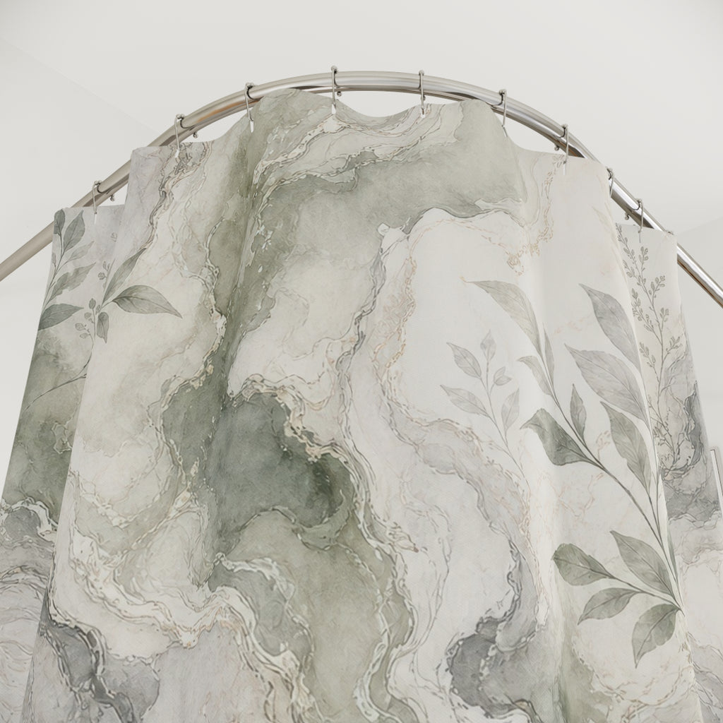 Green Marble Botanical Shower Curtain, Green Grey Modern Bathroom Decor, Botanical Marble Bath Curtain, Guest Bath Decor, Home Decor