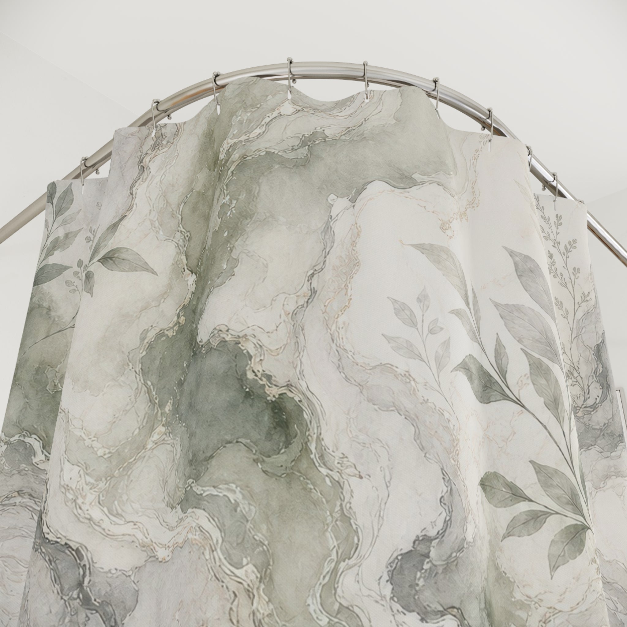 Green Marble Botanical Shower Curtain, Green Grey Modern Bathroom Decor, Botanical Marble Bath Curtain, Guest Bath Decor, Home Decor