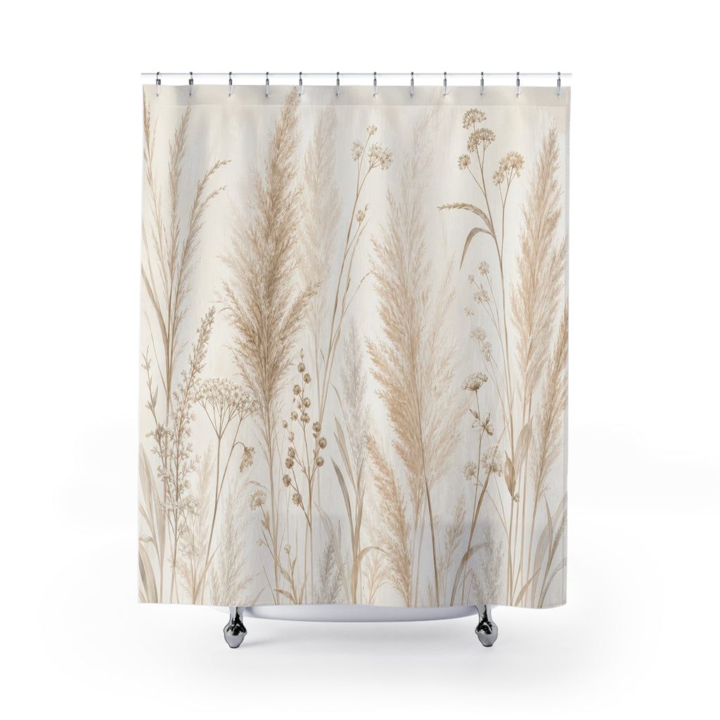 Off White Beige Grass Floral Shower Curtain