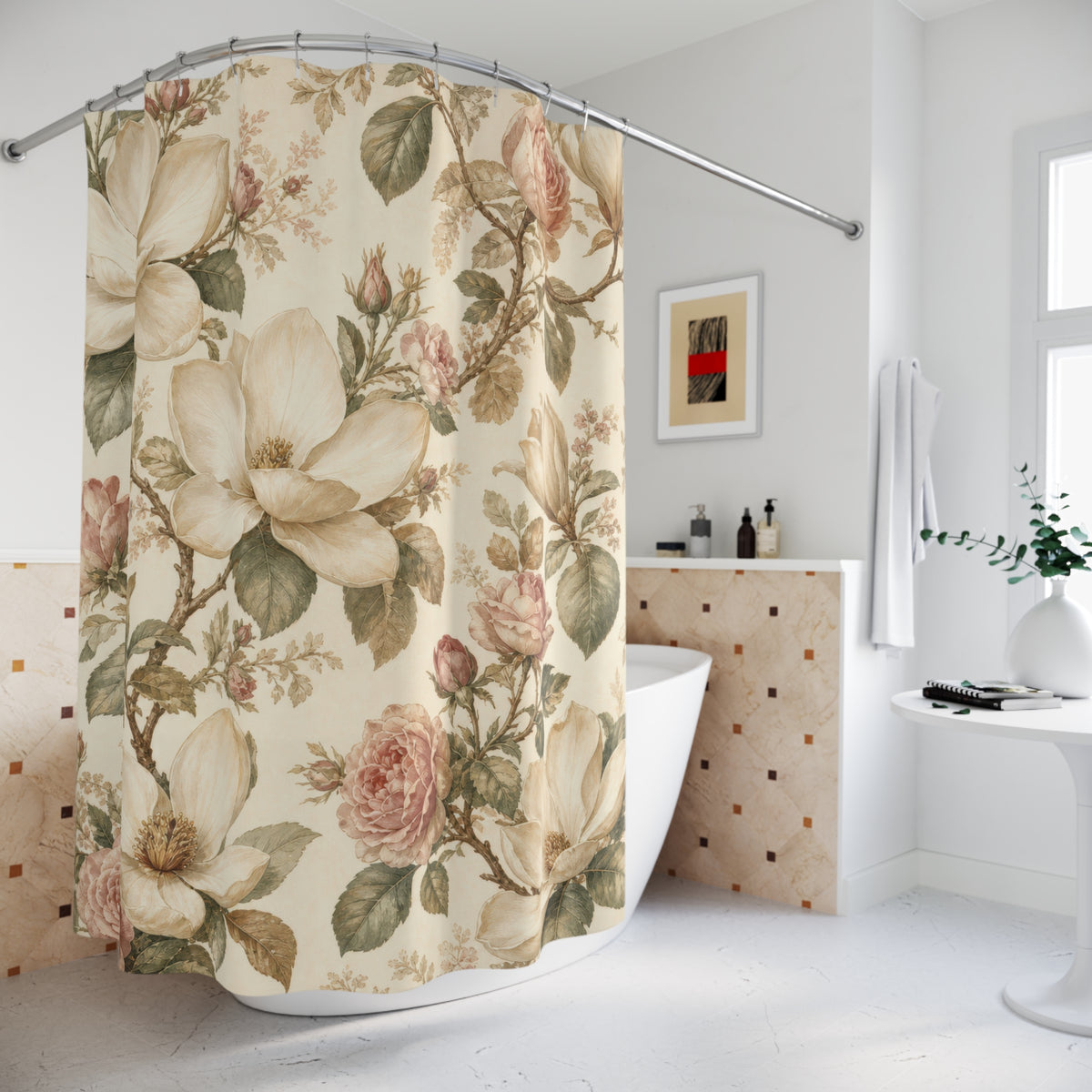 White Rose Vintage Botanical magnolia shower curtain beside a freestanding tub